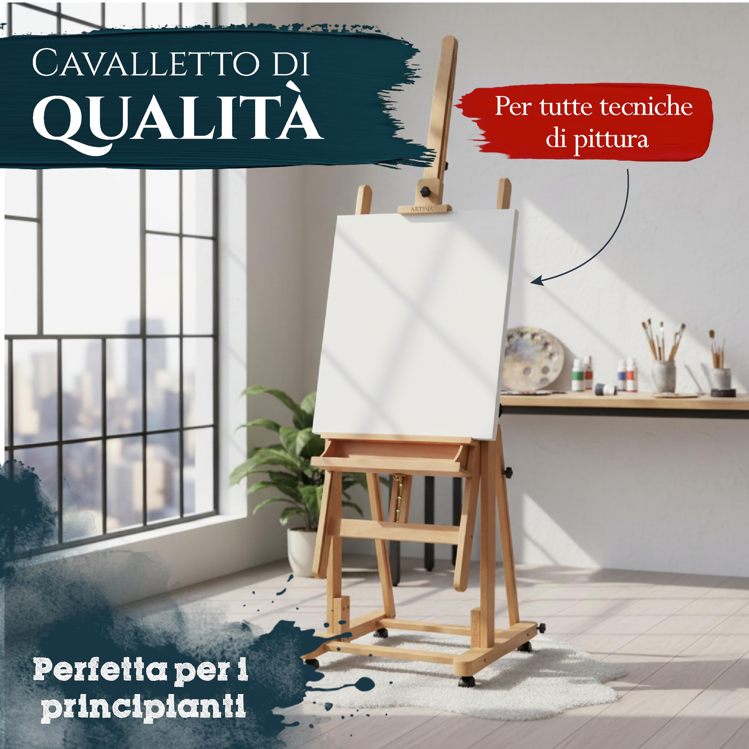Artina Cavalletto da Studio per Pittura Professionale - Verona - cavalletto in Legno di faggio oleato - Cavalletto per dipingere Professionale