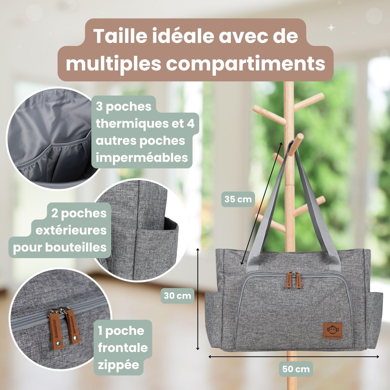 Sac à Langer Bébé, Organisateur Poussette avec Matelas à Langer pour Bébé, Grande Capacité, Sac Poussette Imperméable, 50x14x30 cm