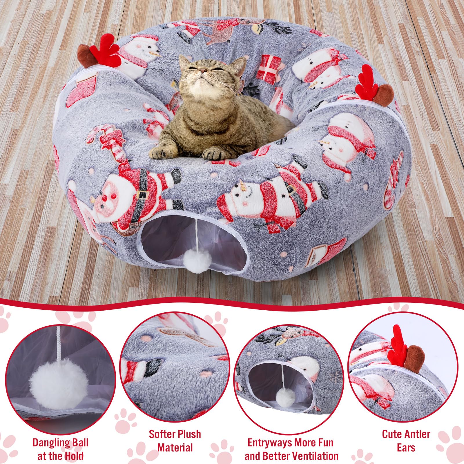 Cama tipo túnel de Navidad para gatos con 7 juguetes para gatos, cama tipo túnel de felpa cálida y esponjosa con cojín lavable y bolas colgantes, 3 pies, multifuncional para gatos pequeños, medianos y