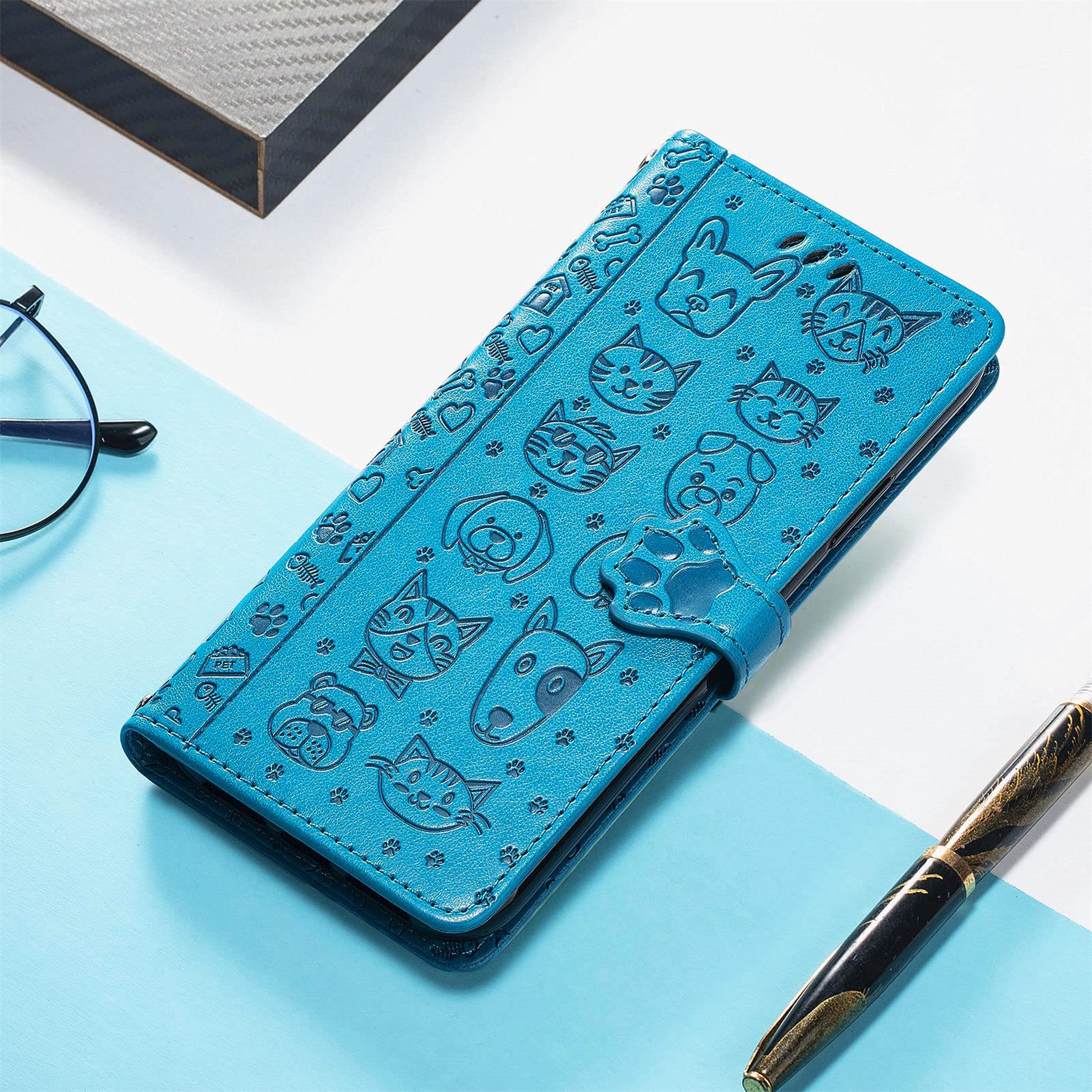 JIUNINE Cover per Apple iPhone 15, Custodia Libro in Pelle Portafoglio Flip Case Antiurto con Modello di Cane e Gatto [Porta Carte] [Magnetica] [Interno TPU] per Apple iPhone 15, Blu