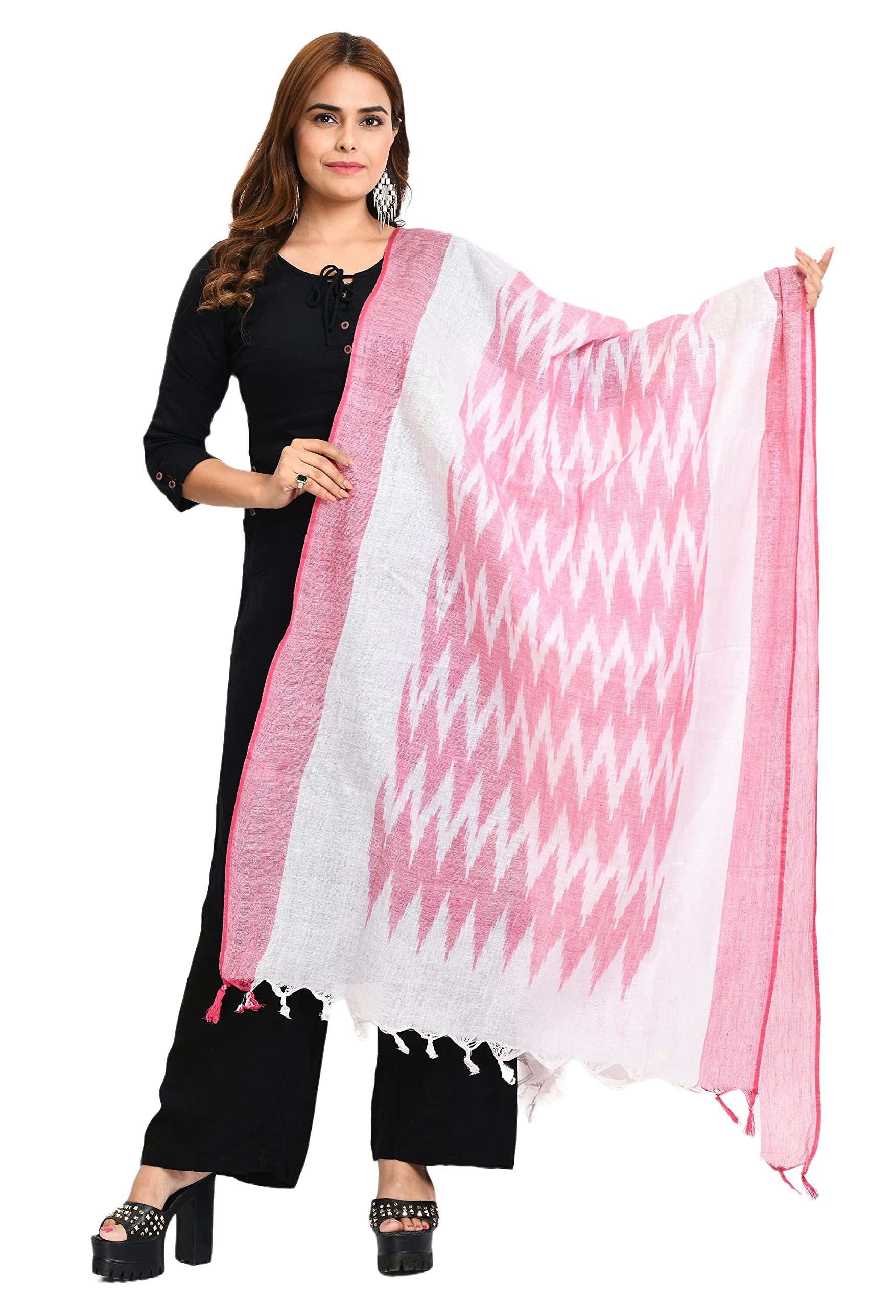 moeza Women's Gajari (Light Pink) Woven Design Pure Cotton Ikat Dupatta, Pack of 1, MFD0206-picture-10