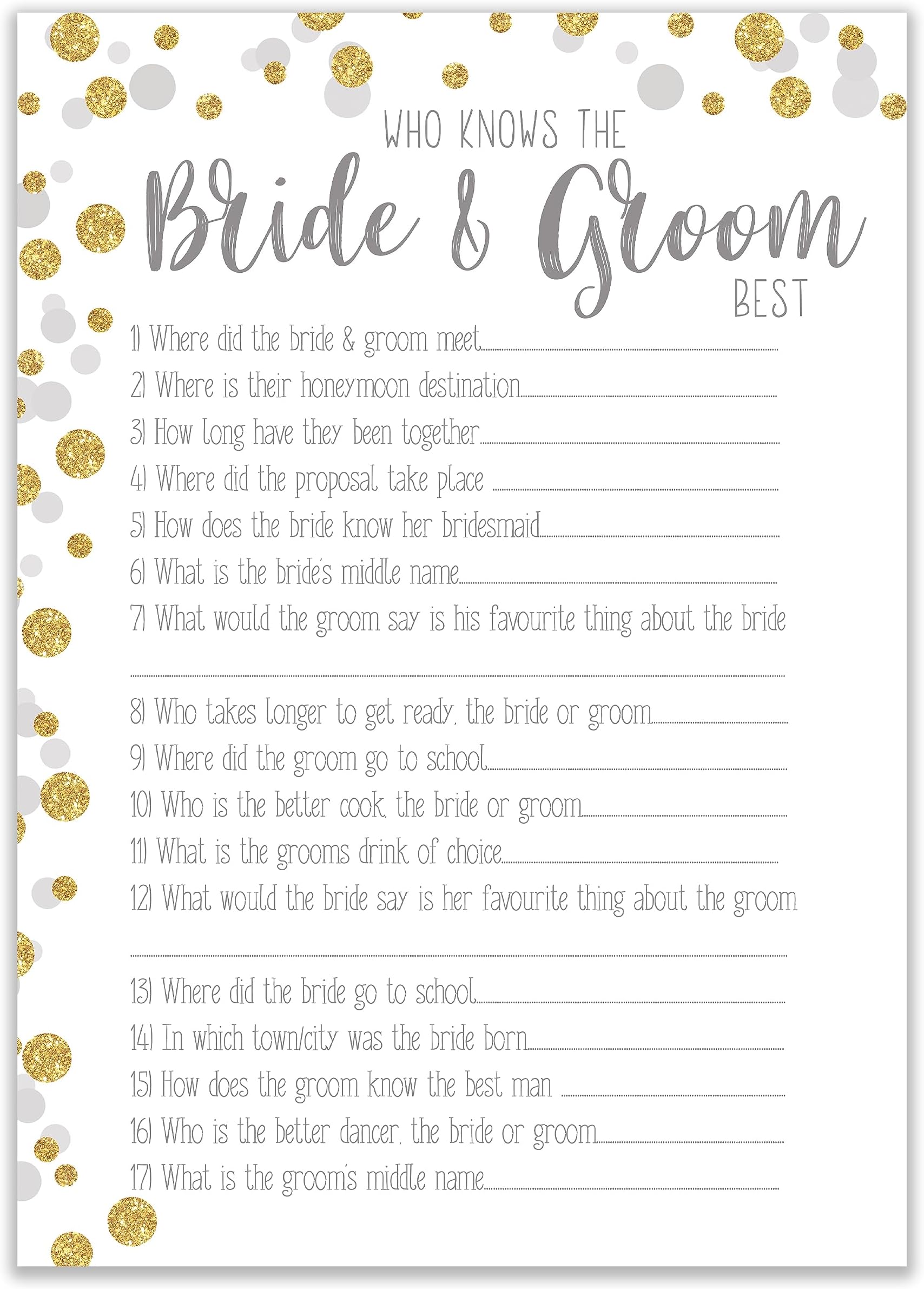 Who Knows The Bride and Groom Best, Wedding Favours, Wedding Stationary Ice Breaker Hen Party Supplies (WWKBGBP)