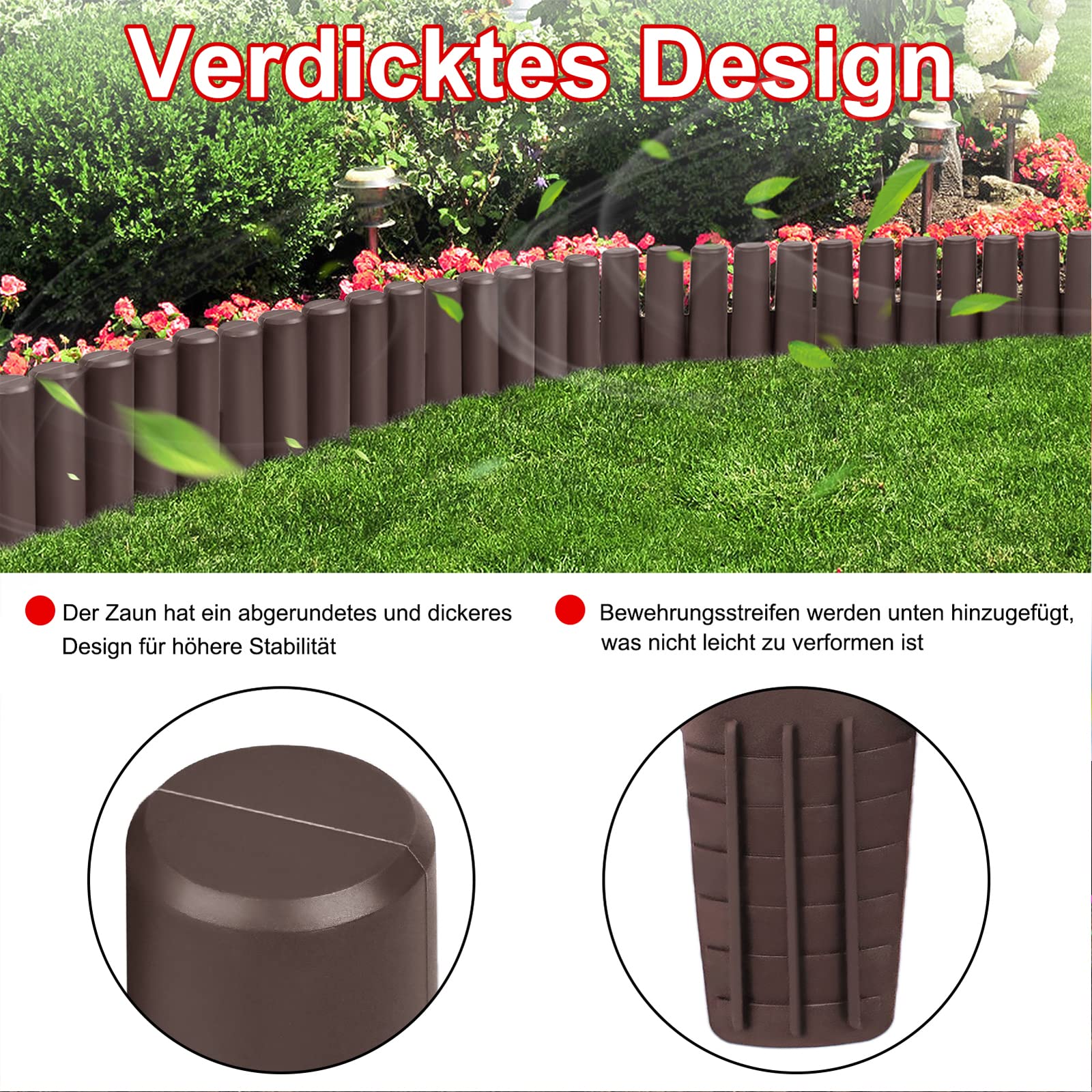 Bordo per Aiuole 10 m con 30 Chiodi di Fissaggio - Bordura per Aiuola Plastica - Bordo Giardino Flessibile - Altezza 5 cm - Facile da usare, Marrone