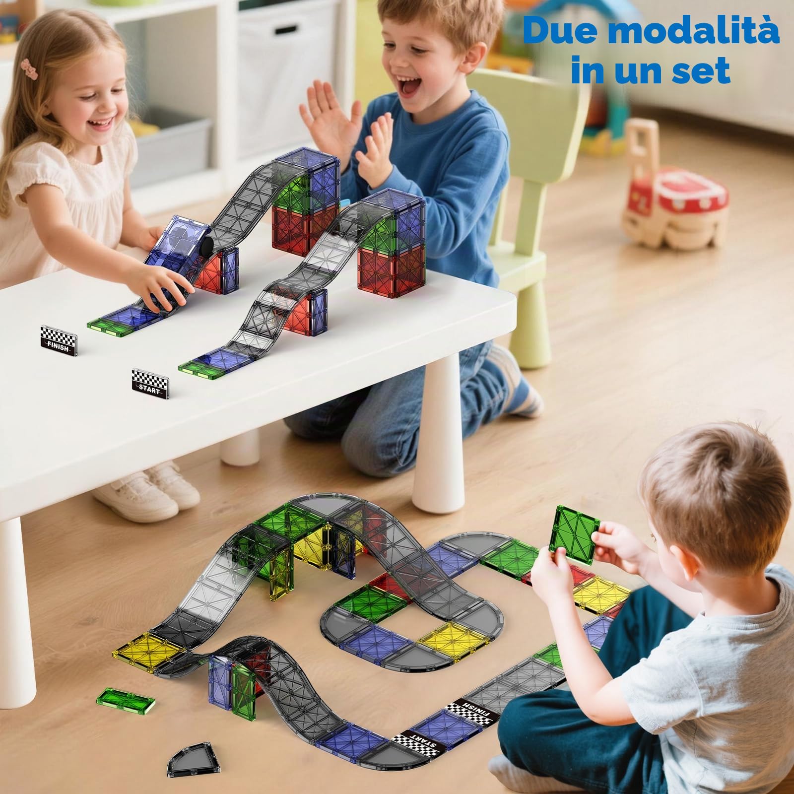 Set Costruttivo Magnetico 2-in-1 Pista da Corsa & Strade, Set di Giocattoli Magnetici 40 Pezzi con Auto, Giocattolo Montessori, Giocattolo Educativo per Bambini a partire da 3 Anni, Giocattolo