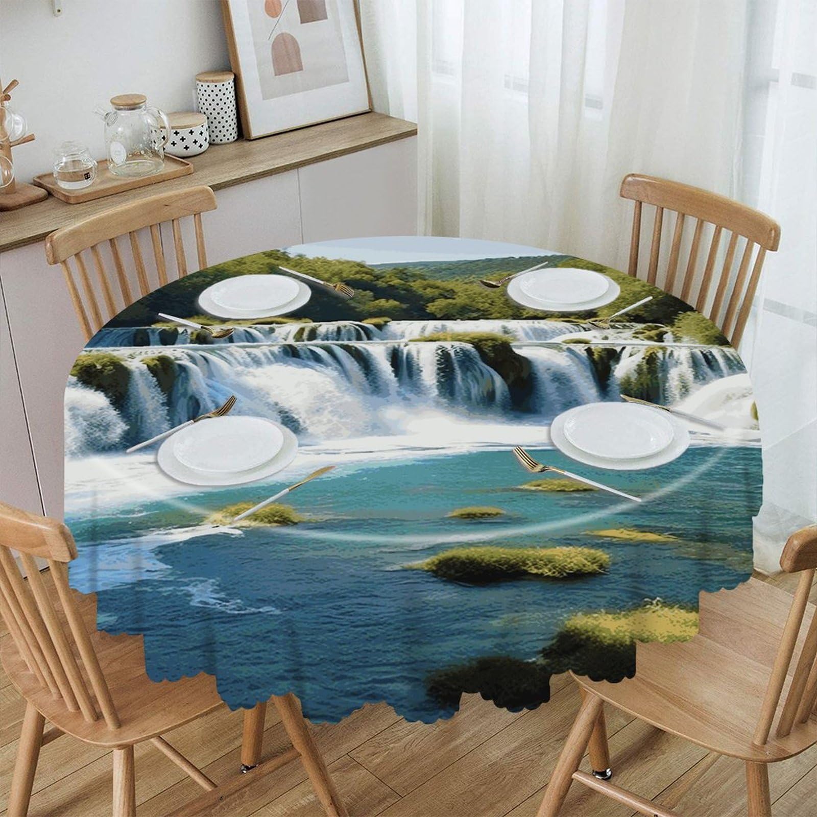 FekiLoot Waterfalls on Krka River Round Tablecloth 60 Inch Waterproof Heavy Duty Table Cloth Spillproof Washable Table Cover Wrinkle Resistant Tablecloths Decorative Table Cloths