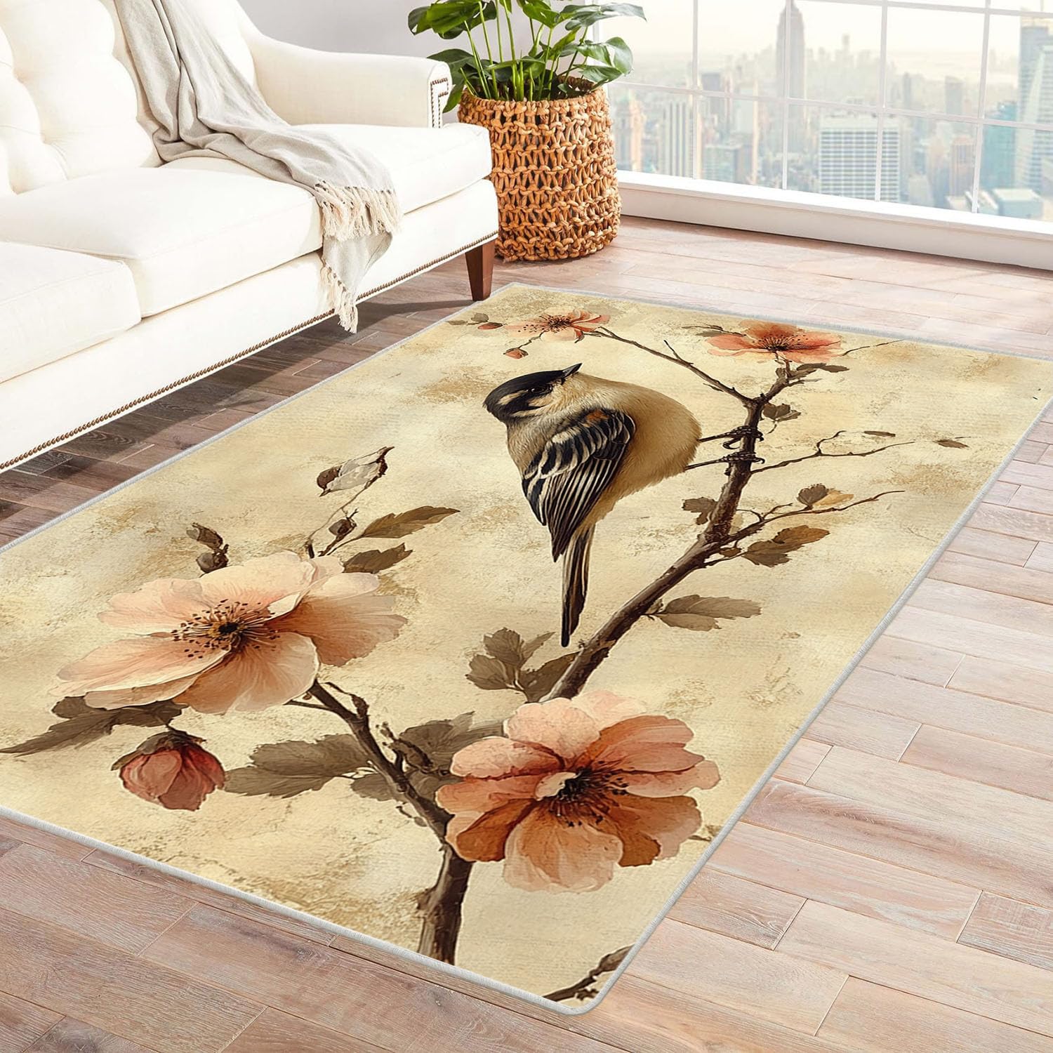 Tapis bohème floral rose et gris pour chevet de chambre à coucher