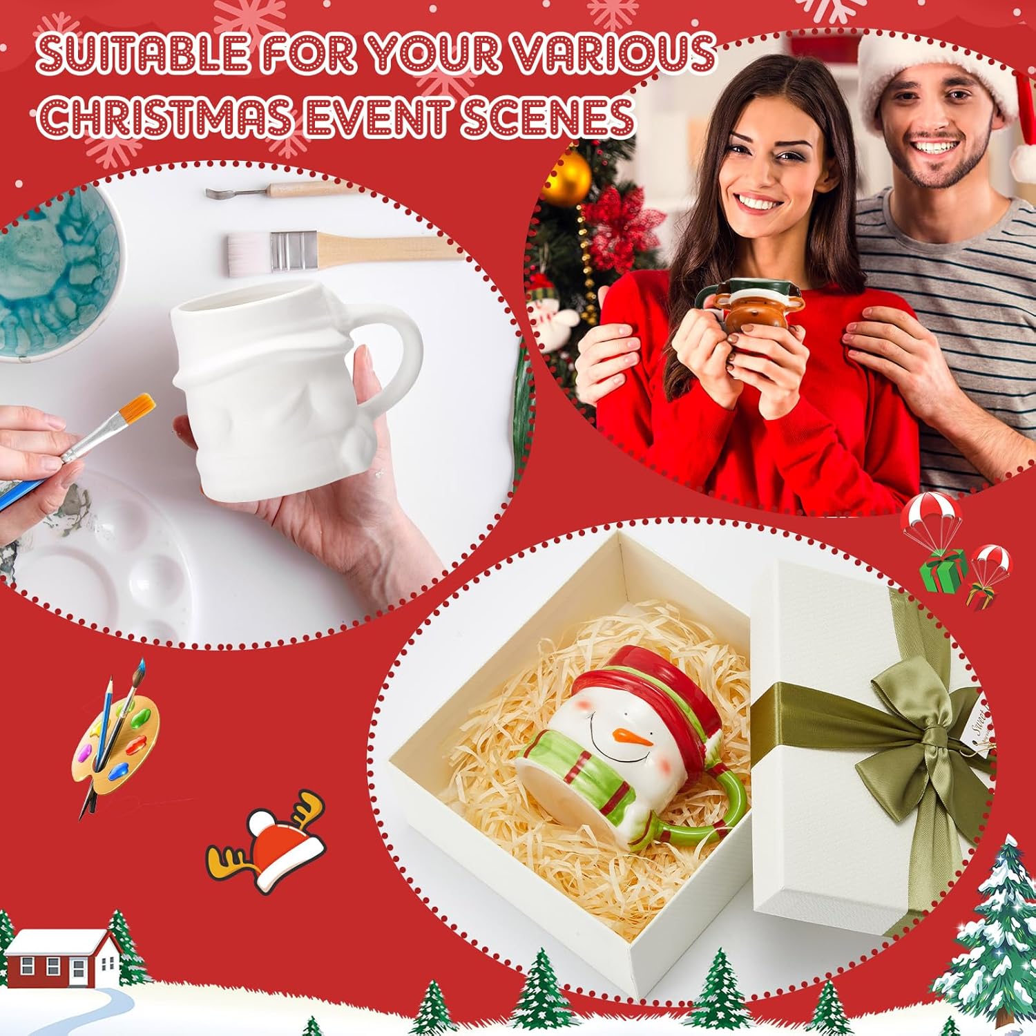 LOYIM Set of 4 Christmas Ceramic to Paint Color Your Own Mugs Christmas Craft for Adult Santa Snowman Elk Penguin DIY Mug Painting Kit with Paints, Brushes, Palette for Xmas Activity Art Decoration - Image 5