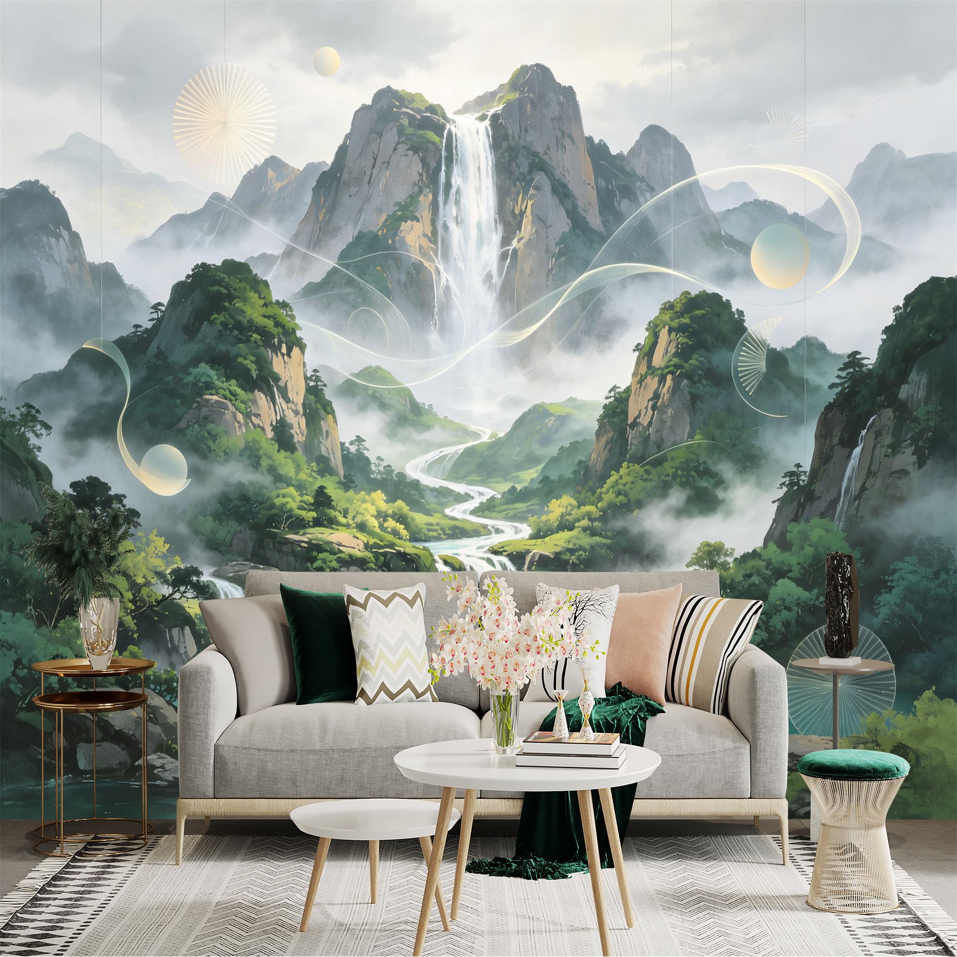 Custom Size Wall Sticker Mural， Majestic Waterfall with Misty Mountains， Flowing River Landscape， Abstract Golden Orbs， for wall Decoration， peelandstick wall Decals.