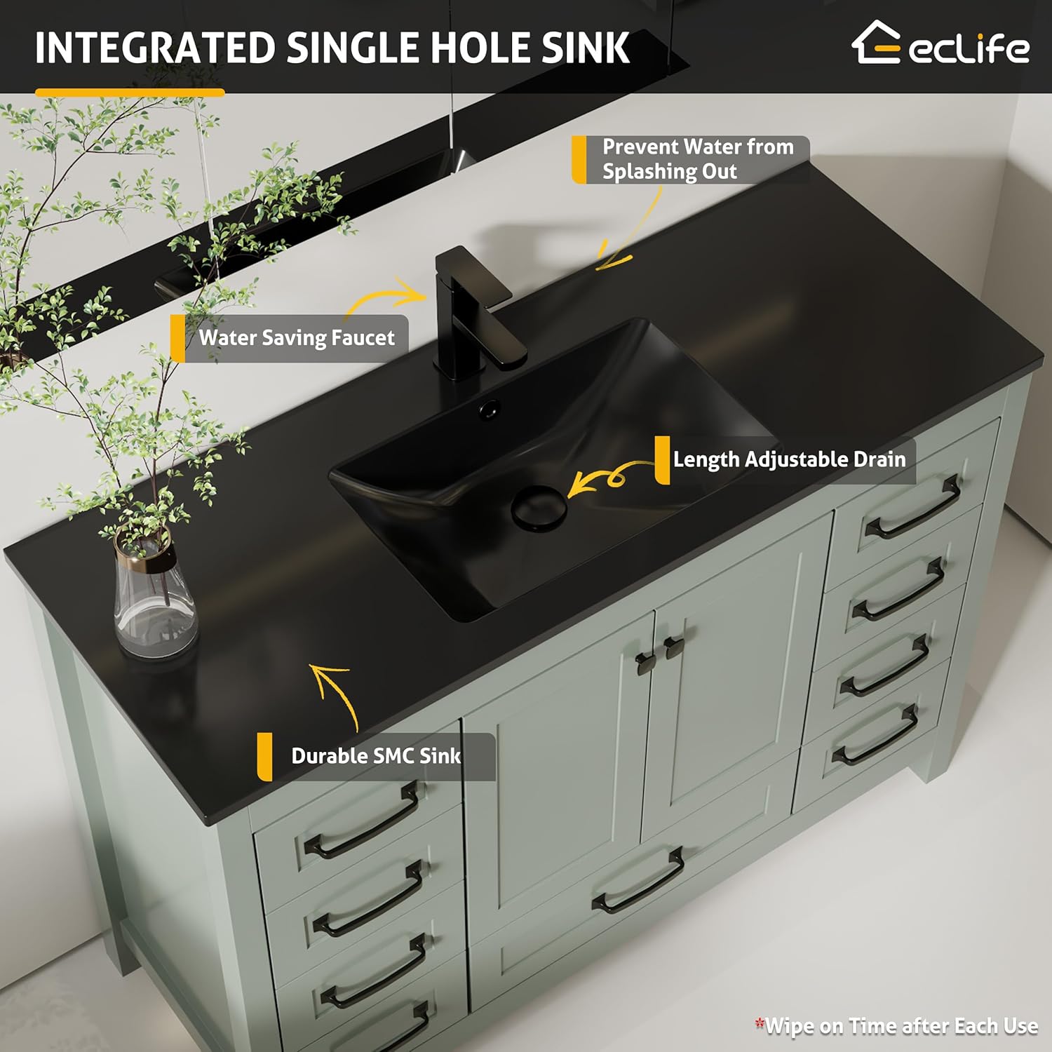 eclife 48" Bathroom Vanities with Sink Combo, Modern Freestanding Painted Bathroom Storage Cabinet w/Undermount Single Black Sink, Include Faucet and Drain, Gray Green