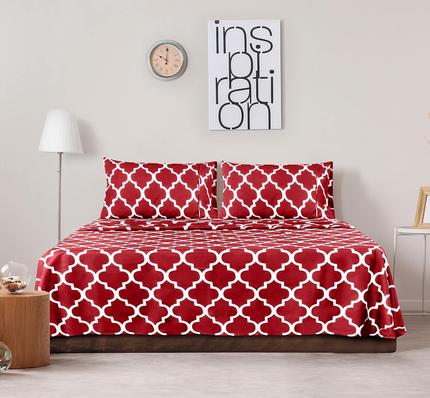Utopia Bedding Printed Queen Sheet Set - 1 Fitted Sheet, 1 Flat Sheet and 2 Pillowcases - Soft Brushed Microfiber Fabric - Shrinkage and Fade Resistant (Queen, Burgundy Quatrefoil with White Pattern) : Home & Kitchen