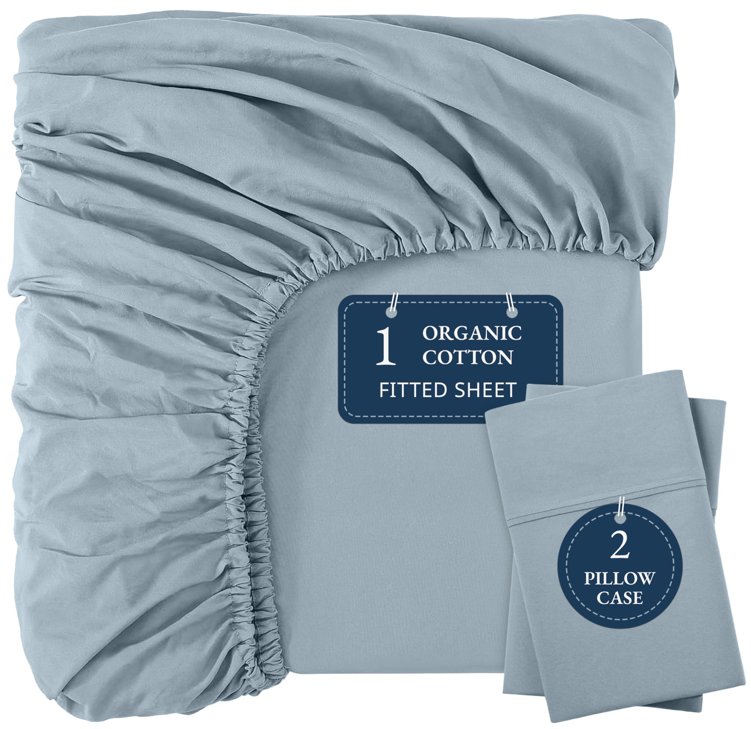 Spannbettlaken für Super-Kingsize-Betten aus Bio-Baumwolle, ultraweich und atmungsaktiv, mit 2 Kissenbezügen, 35 cm tiefe Tasche, elastische Kanten, Bettlaken (French Blue)