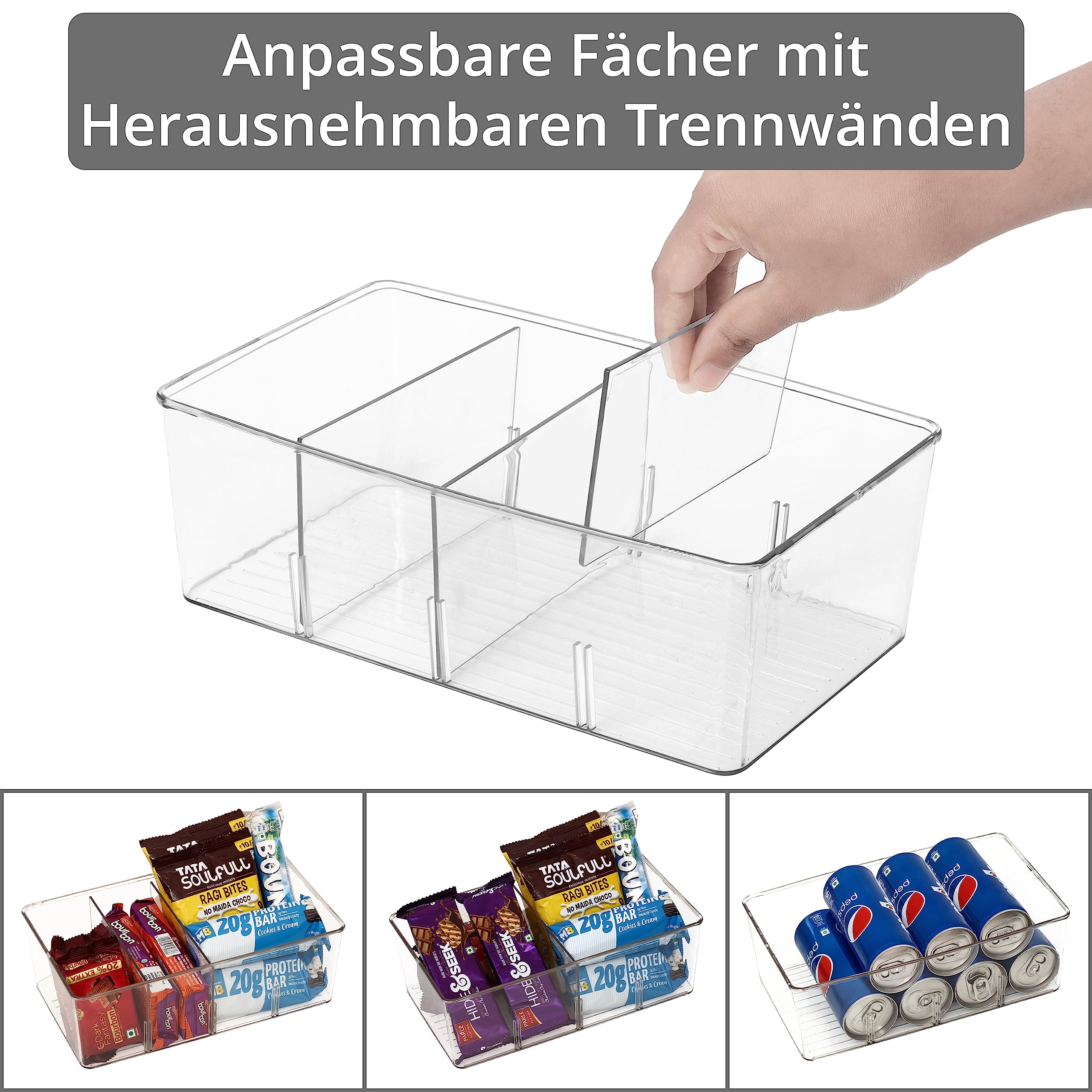 Winter Shore Küchenschrank Organizer [5er-Pack] - Aufbewahrungsbox Küche für Snacks, Gewürze, Getränke - Durchsichtige Küchen Organizer Aufbewahrung mit 4 Fächern & Herausnehmbaren Trennwänden