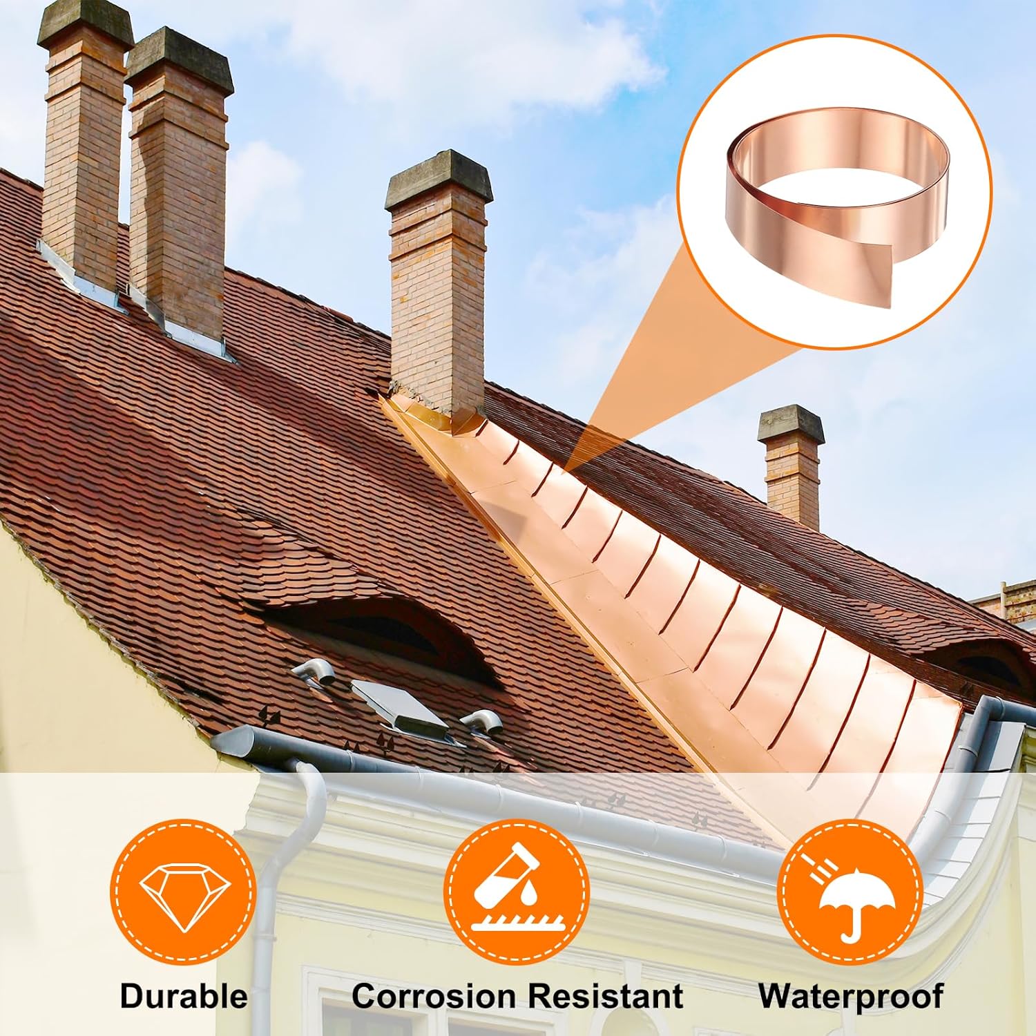 HARFINGTON 2pcs Copper Sheet Roll 0.5mm Thick Copper Flashing 99.95% Pure Copper Strip Waterproof Metal Foil Plate for Building Electronics DIY (0.8" Width x 3.28ft)