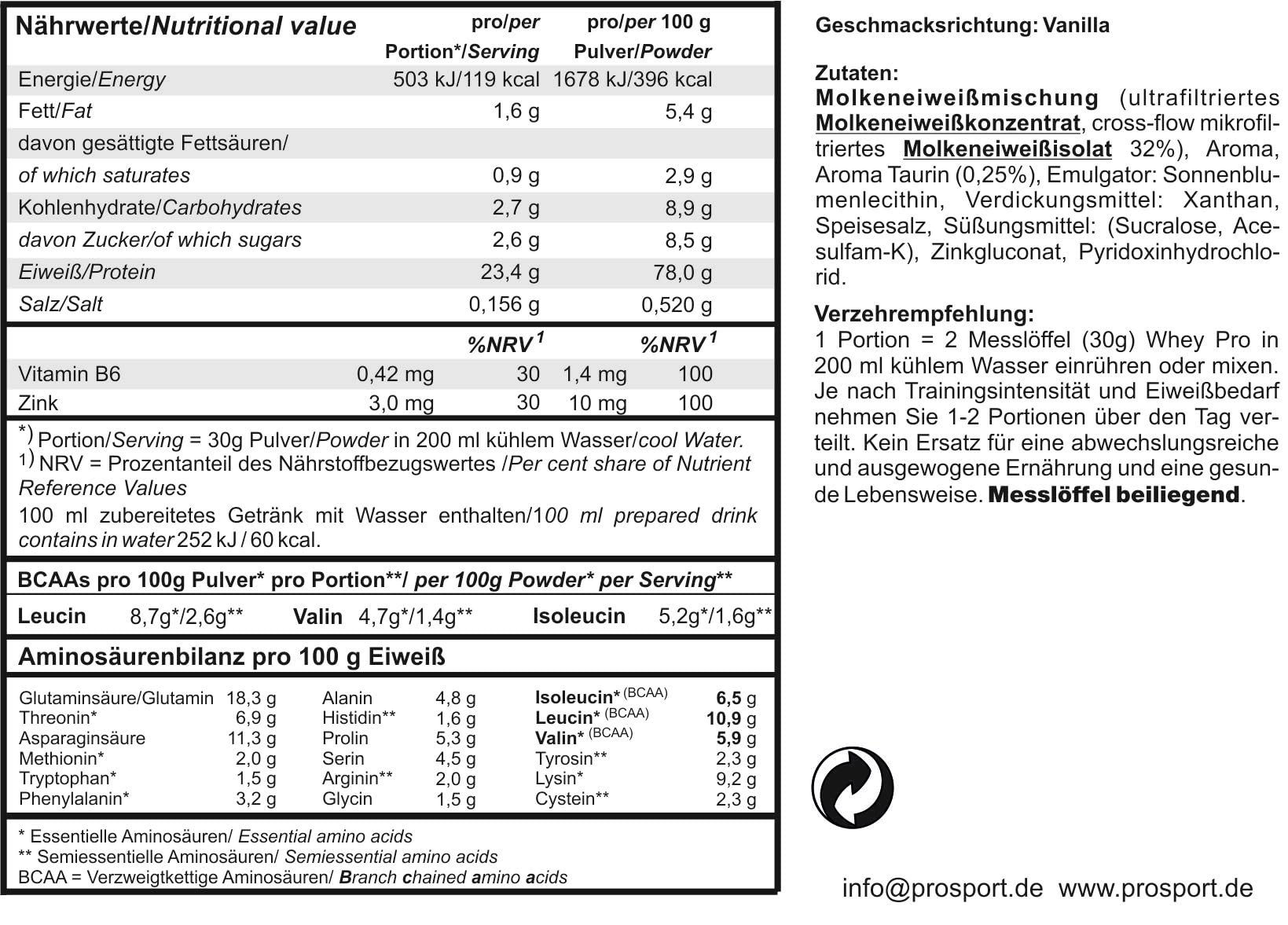 Prosport WHEY PRO® Whey Protein Pulver – Vanilla 2350g – Konzentrat-Isolat-Mix, Eiweißpulver mit Zink, Vitamin B6 & EAAs, Protein Shake für Muskelaufbau