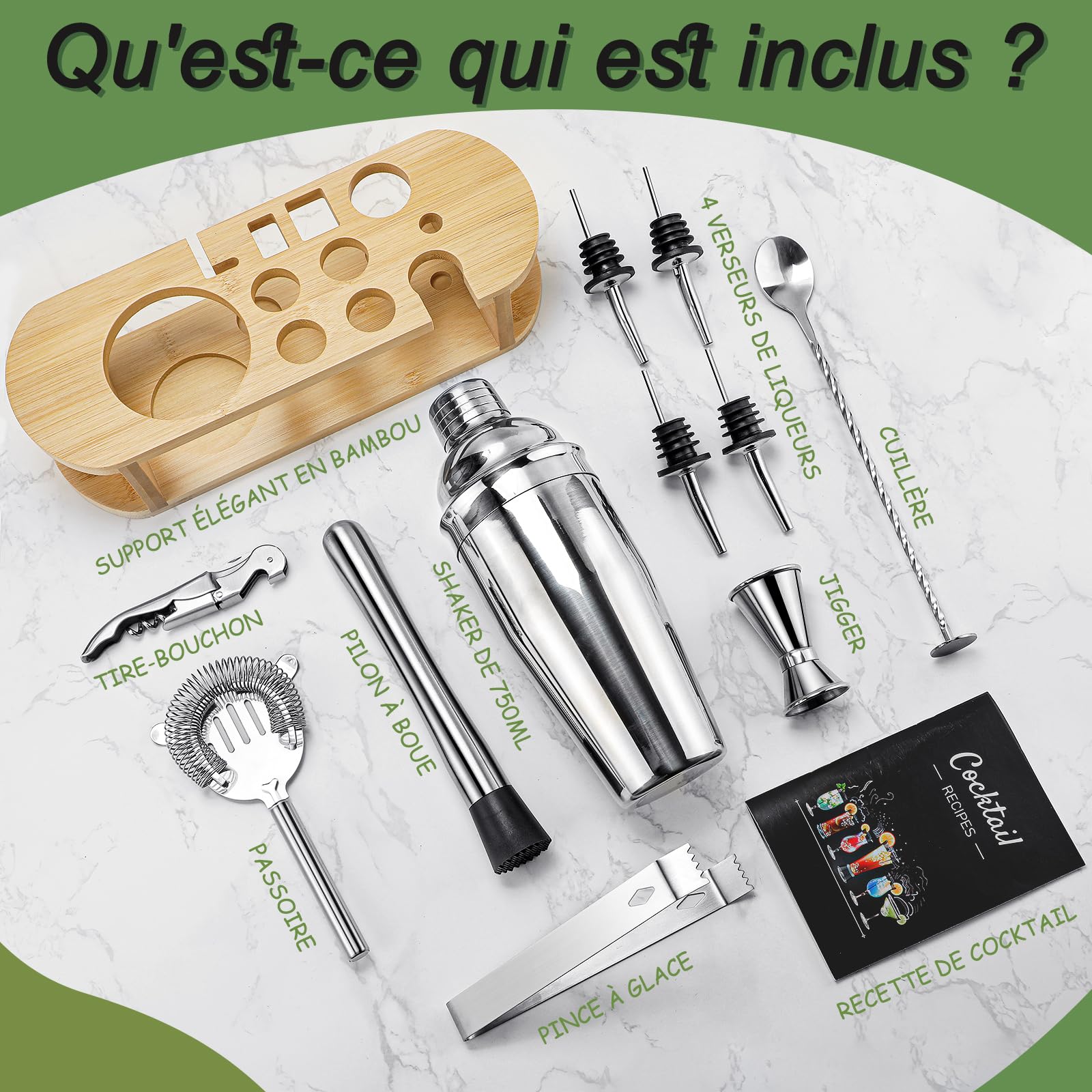 Ensemble Shaker à Cocktails avec Support, Mixeur à Boissons en Acier Inoxydable avec Tous Les Accessoires Essentiels, Kit d'outils de Bar Professionnel, Cadeau pour Homme, Papa, Femme