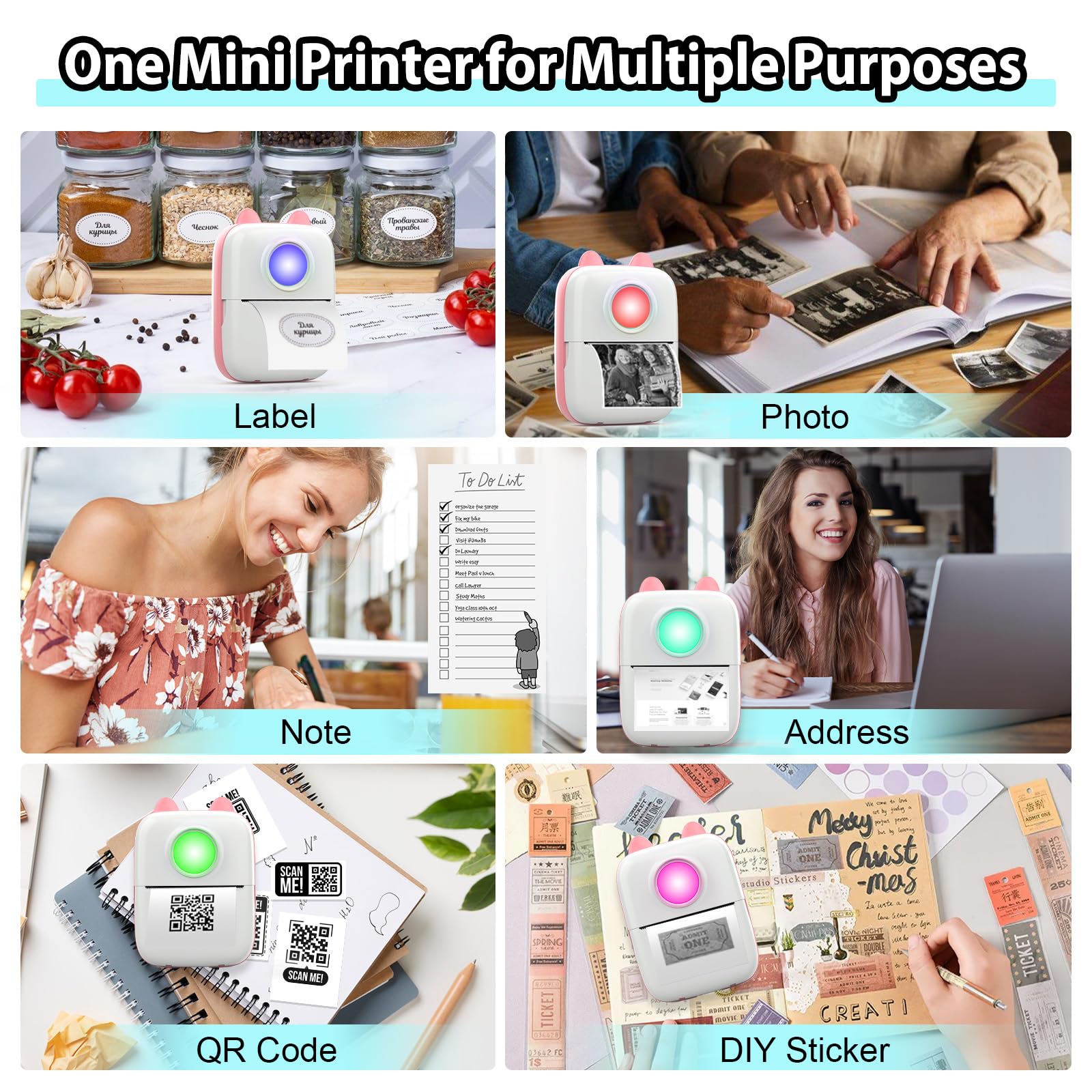 Mini Stampante Fotografica,Stampante Termica,immagine per foto, stampa di ricevute,stampante fotografica,con 10 rotoli di carta 1 adesivo per smartphone, per Fotografica Note Elenco Memo (Pink A)