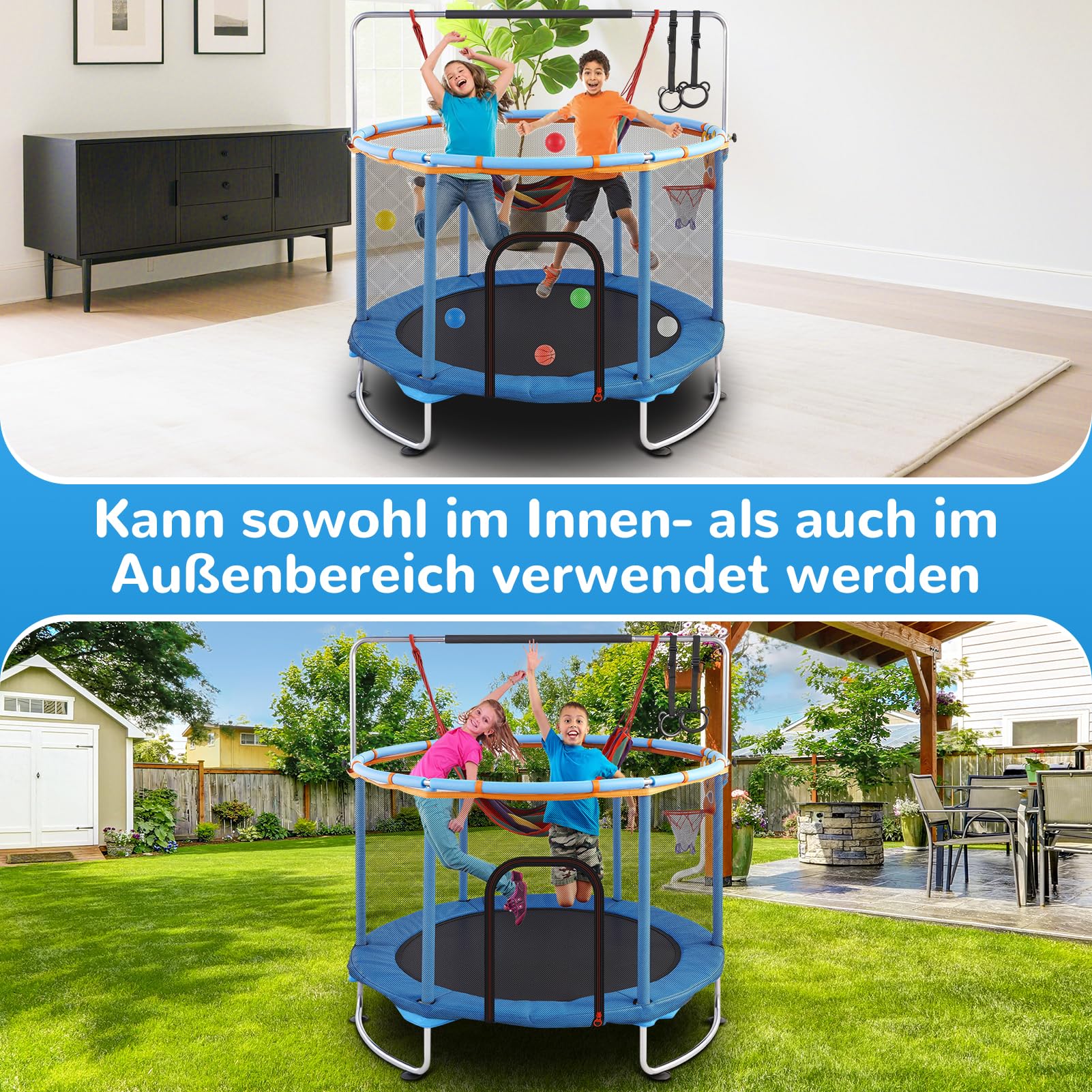 Trampoline pour enfant de 150 cm - Hauteur réglable - Pour l'intérieur et l'extérieur - Avec filet de sécurité et barre de gymnastique - Charge maximale : 200 kg - Avec panier de basket, balançoire et