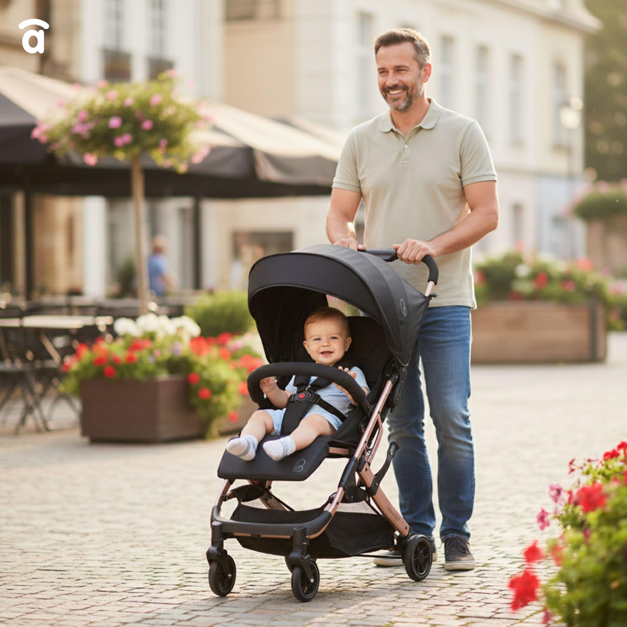 Silla de Paseo AMSTERDAM - Ultraligera, Reclinable y Compacta, Asa Trolley, Plegado con Una Mano, Capota Extensible, desde 6 Meses hasta 23 kg - Dorado Asalvo