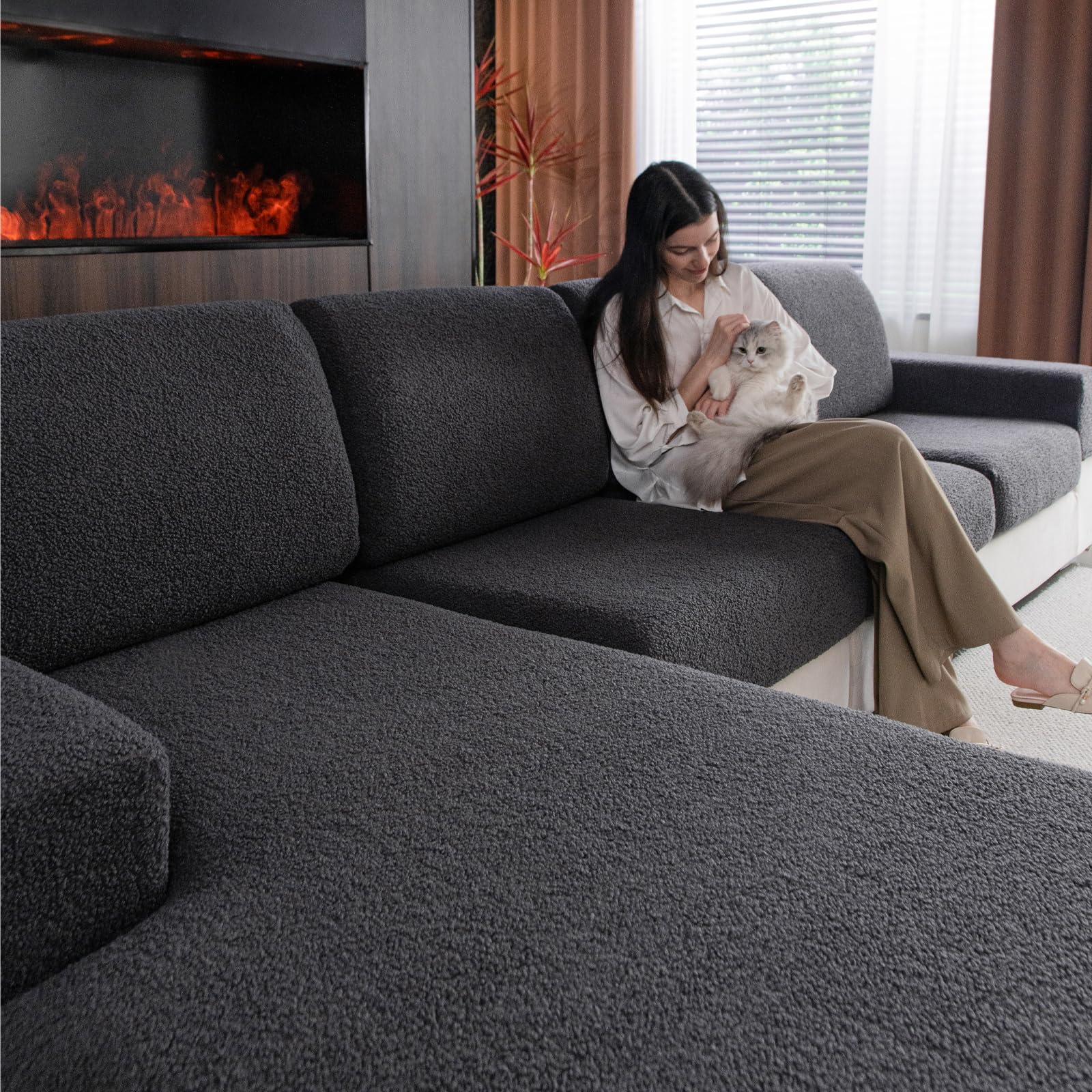 OHSIO Couch Cushion Covers for Sectional Sofa, Stretch Soft Sofa Slipcovers Washable Wear-Resistant Universal Furniture Protector with Elastic Bottom (1 Piece Chaise Cover, Dark Gray)