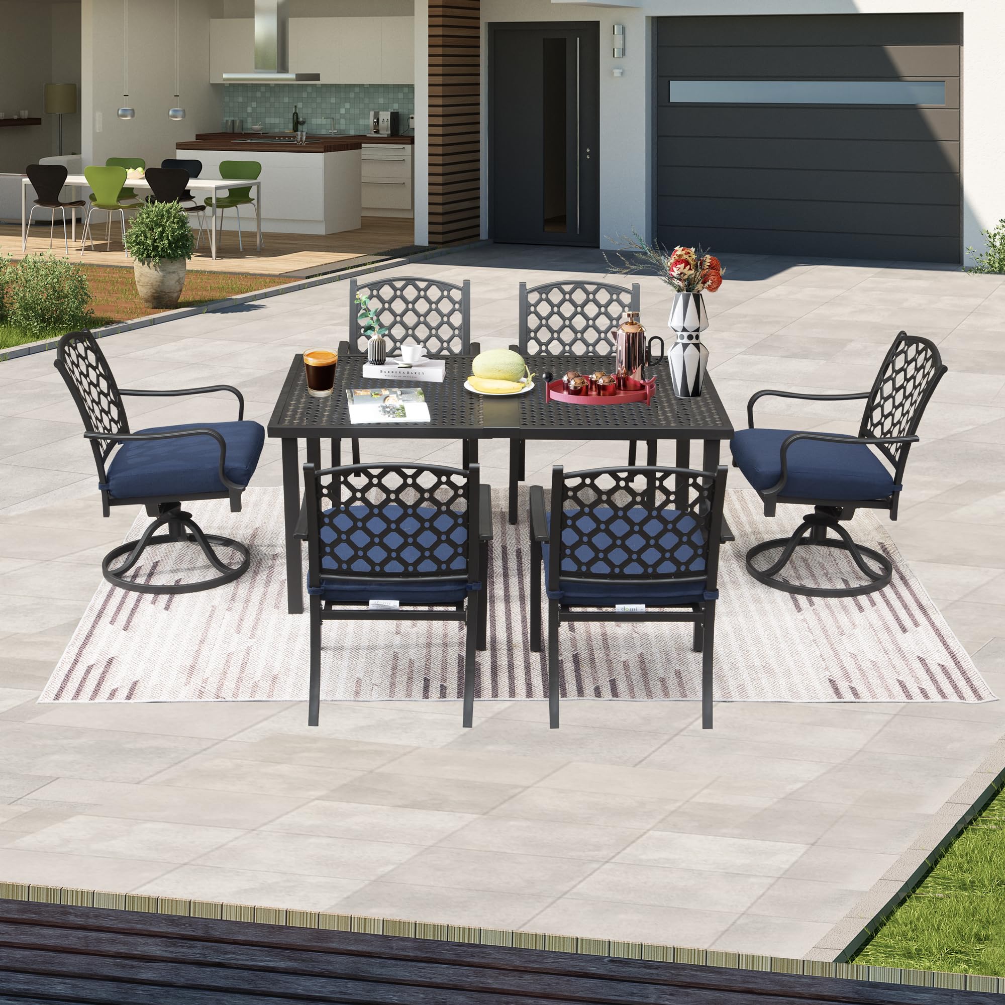 Domi Outdoor 7 pcs Patio Dining Set, Metal Dining Table, Swivel and Dining Chairs Conversation Set with Removable Navy Blue Cushions for Garden Lawn