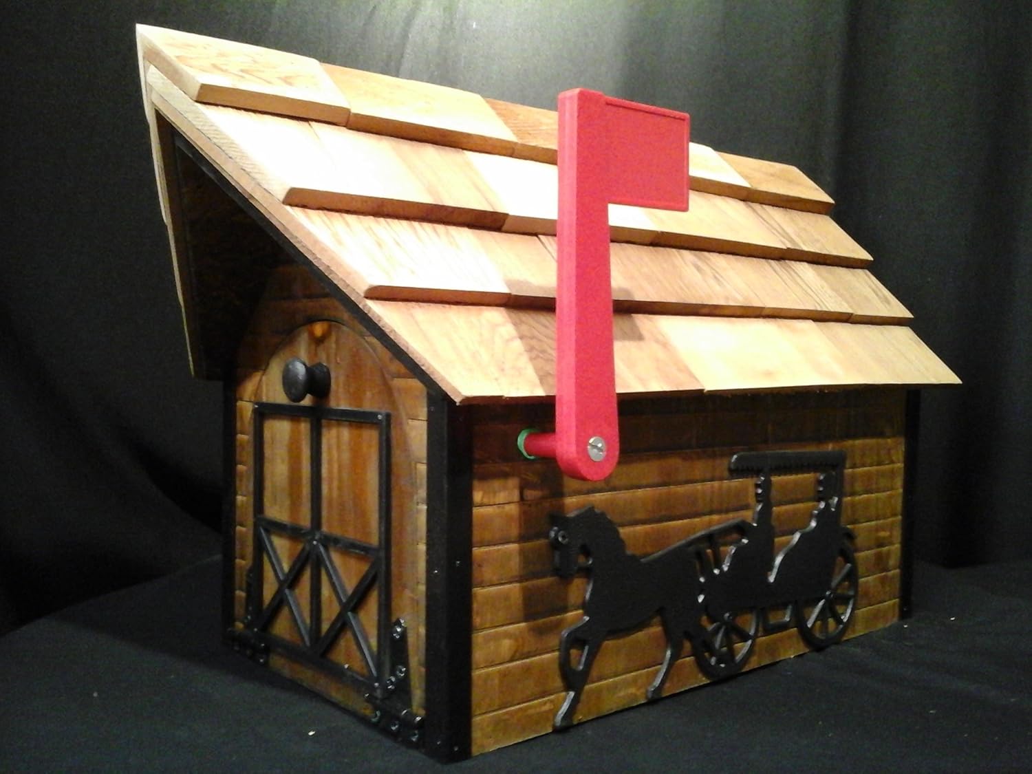 Amish Handmade Rural Mailbox w Flag Cedar with Black Horse & Buggy