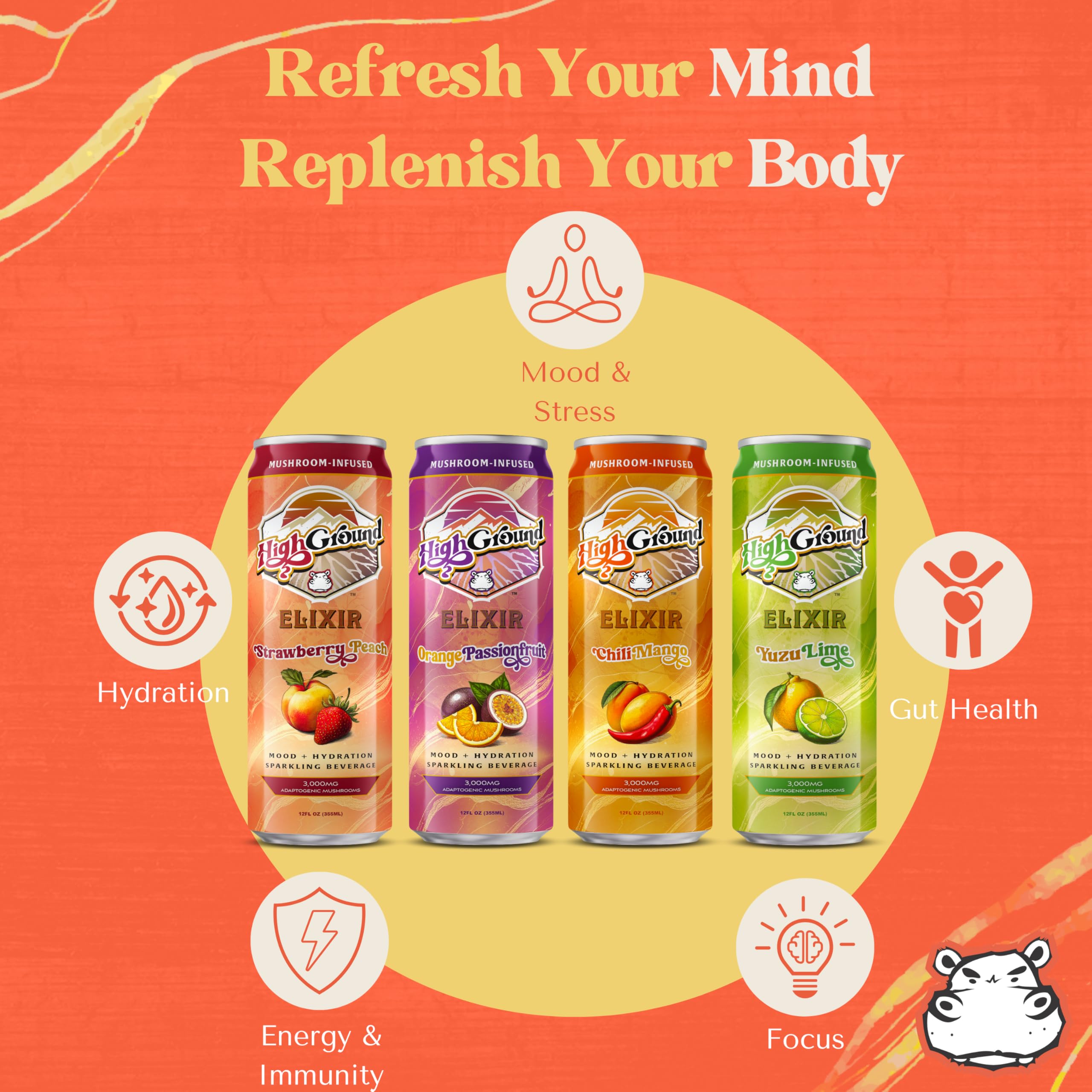 Amazon.com : High Ground Elixir Mushroom Seltzer Variety Pack | Lion's Mane for Focus, Reishi for Stress, Cordyceps, Chaga, Turkey Tail, L-Theanine | Adaptogen Drink | Low Cal, No Added Sugar, Amazon.com : High Ground Elixir Mushroom Seltzer Variety Pack | Lion's Mane for Focus, Reishi for Stress, Cordyceps, Chaga, Turkey Tail, L-Theanine | Adaptogen Drink | Low Cal, No Added Sugar,