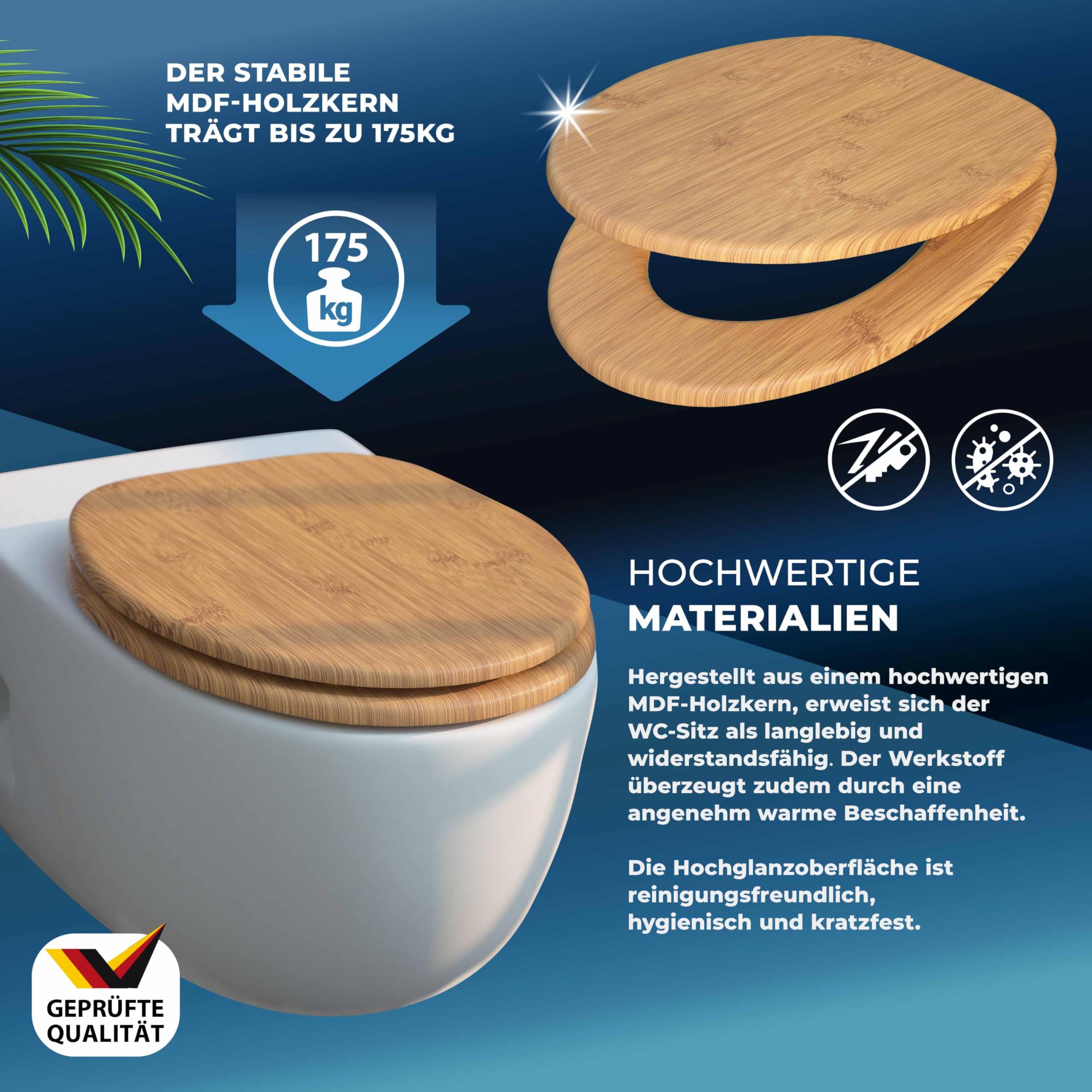 CASARIA® Toilettendeckel mit doppelter Absenkautomatik MDF rostfreie Metall Scharniere WC Sitz 175kg Belastbar Antibakteriell Toilettensitz Bambus
