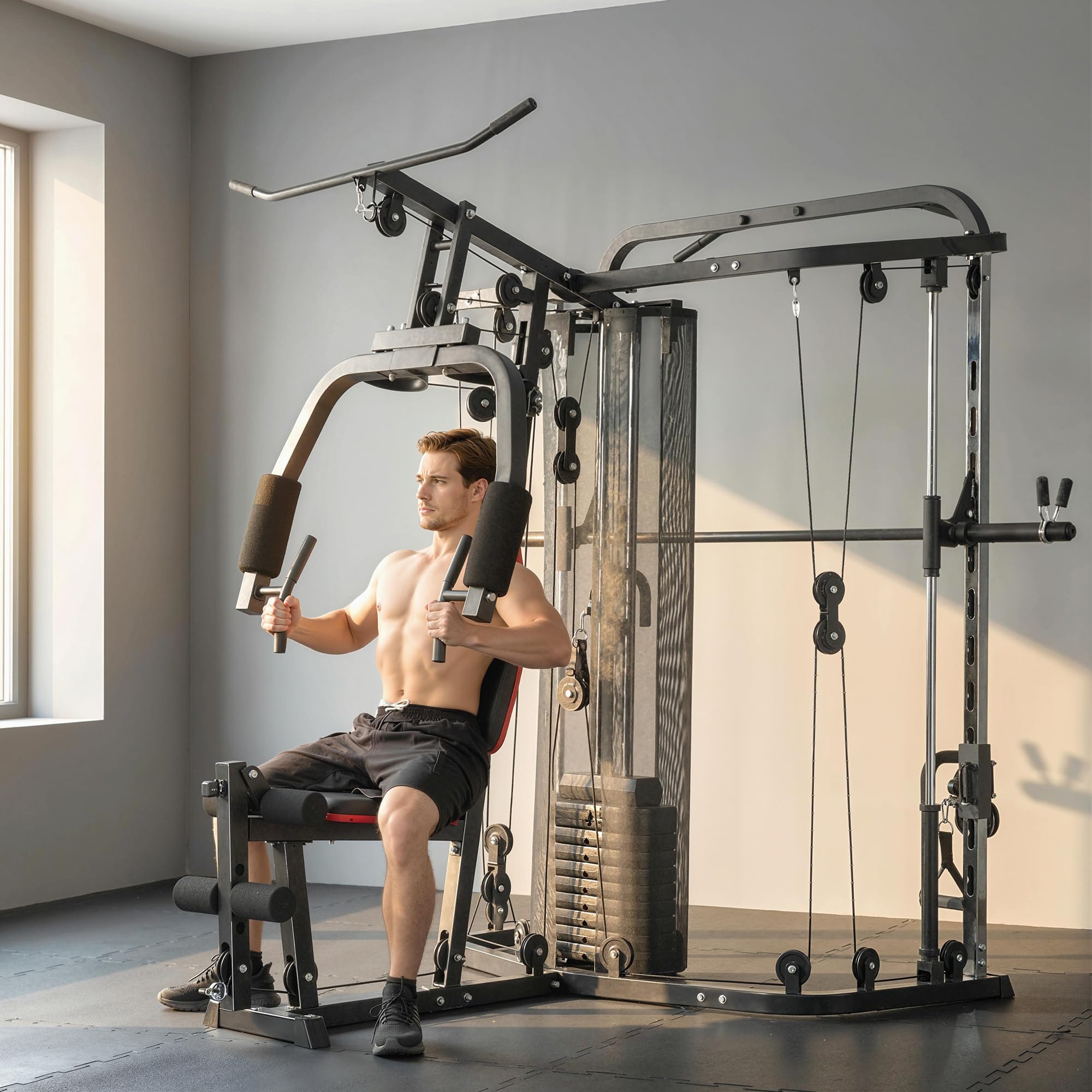 SPORTNOW Station de musculation avec poids de 65 kg, barre de traction à latte, barre papillon, banc de préacher, banc de musculation des jambes, appareil multifonction Smith Machine Multistation