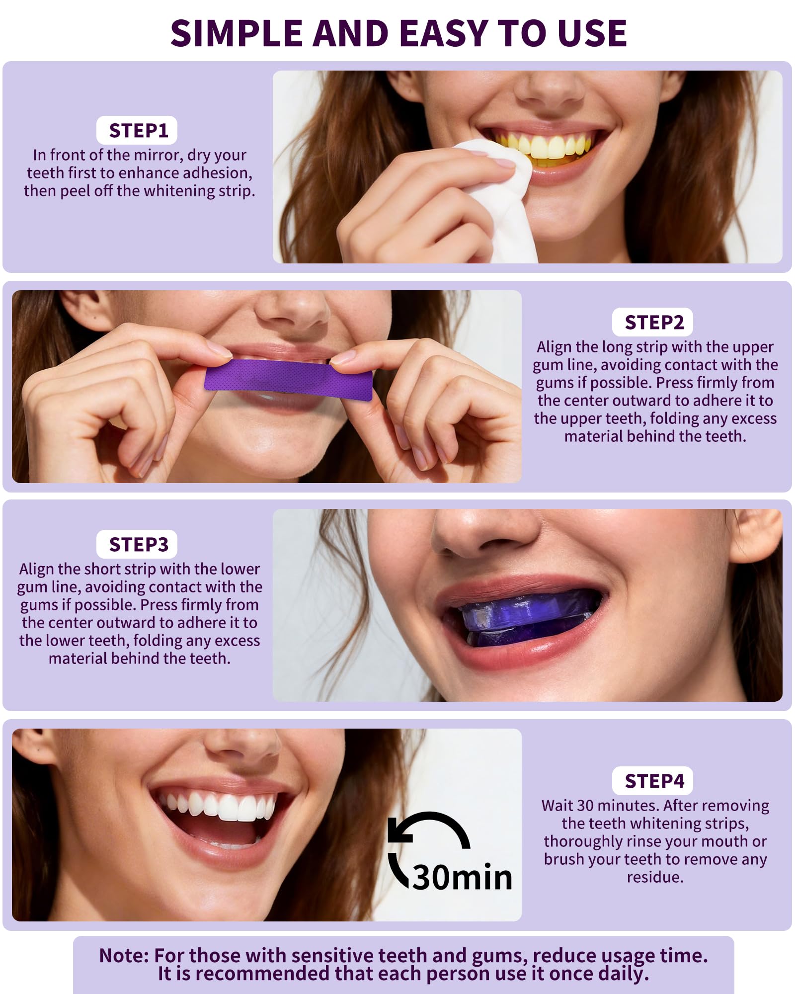 Ktintar Purple Whitening Strips, Color Correcting Purple Teeth Whitening Strips for Sensitive Teeth, Removes Yellow Stains, Enamel Safe, 30 Min Treatment, 14 Treatments, 28 Strips — view 5