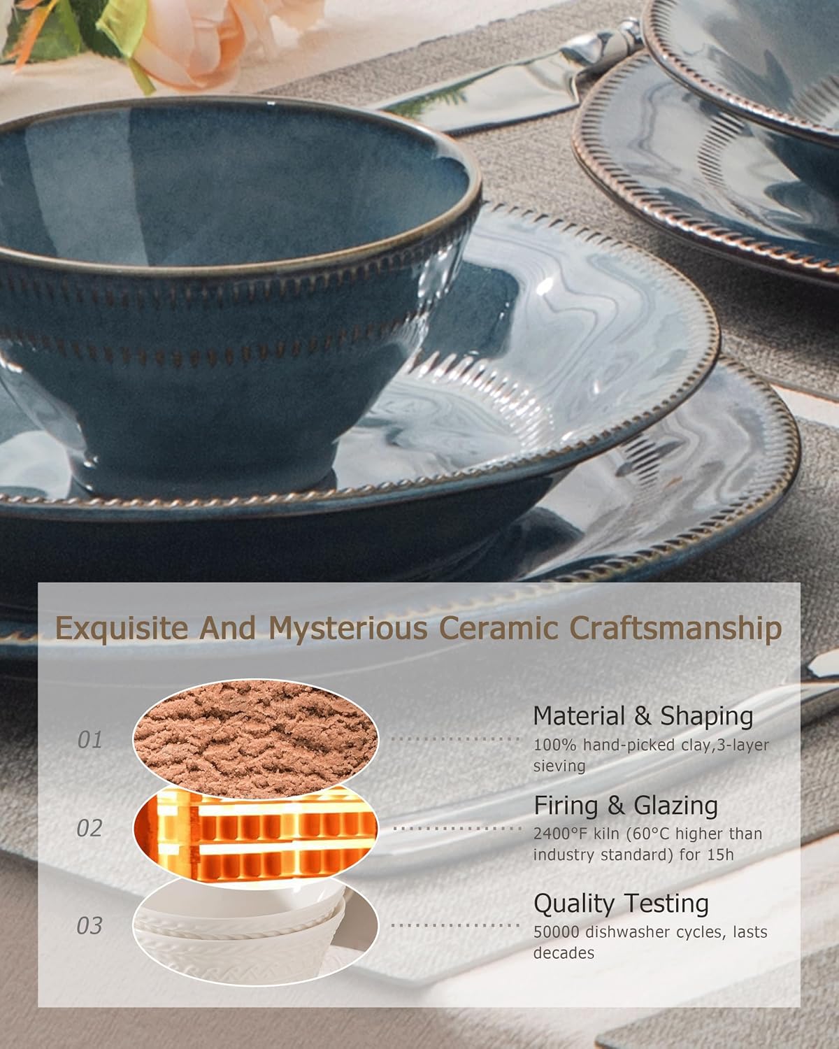 4-piece set, ceramic, natural active glaze plate and bowl set, microwave and dishwasher compatible tableware set, shatterproof and scratch resistant dinner set, irregular edge design, sky blue image 5