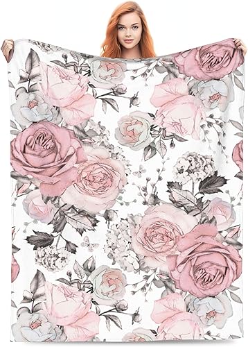 Miniatura 1 de Manta de rosas florales, regalos para mujeres y niñas, flores rosas grises y hojas grises en acuarela para cama, habitación, sofá, decoración suave,