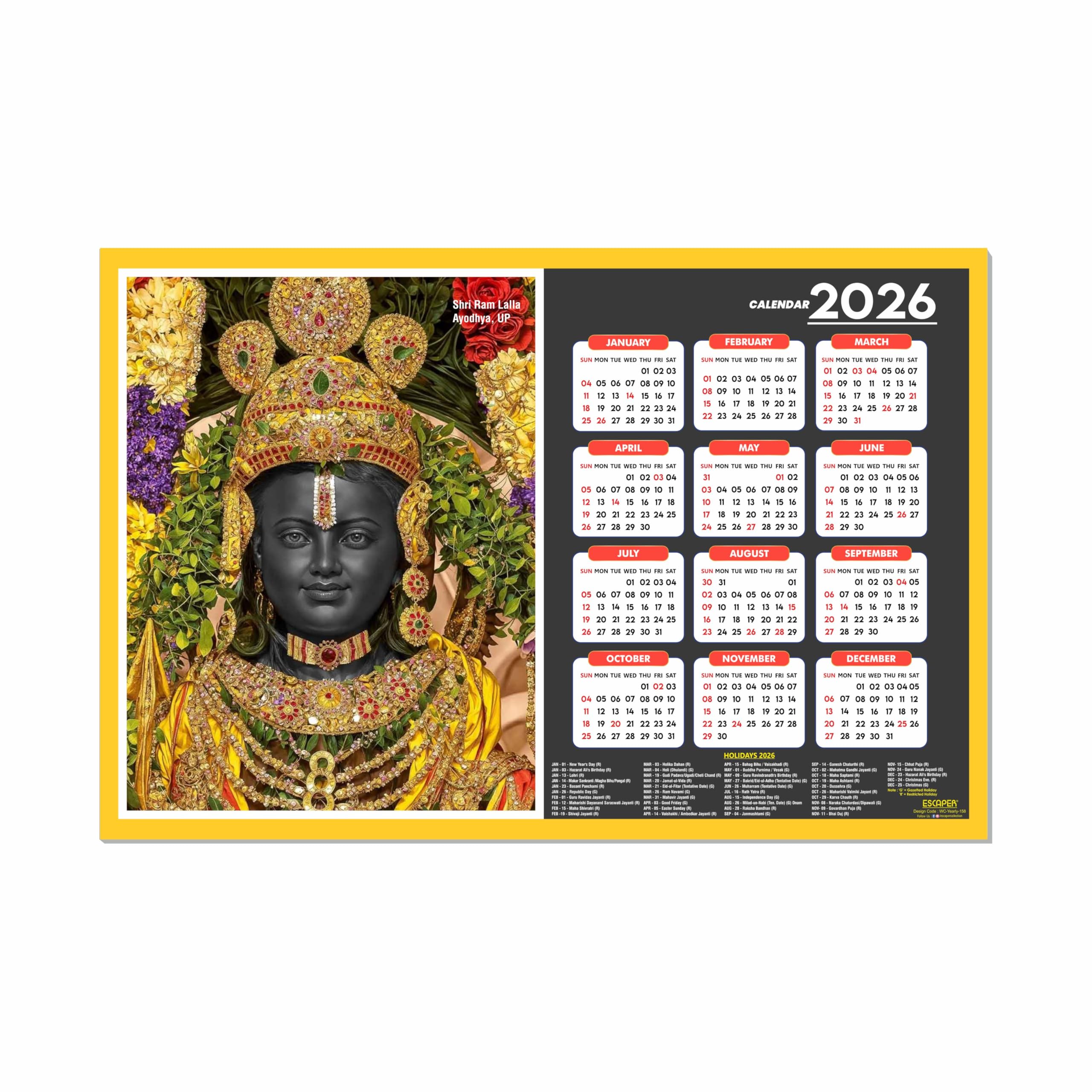 ESCAPER Calendario de pared Shri Ram Lalla 2026 – 45 x 30 cm, templo Shri Ram Lalla y fotos, calendario de pared religioso del dios hindú para el hogar, la oficina y la habitación Pooja