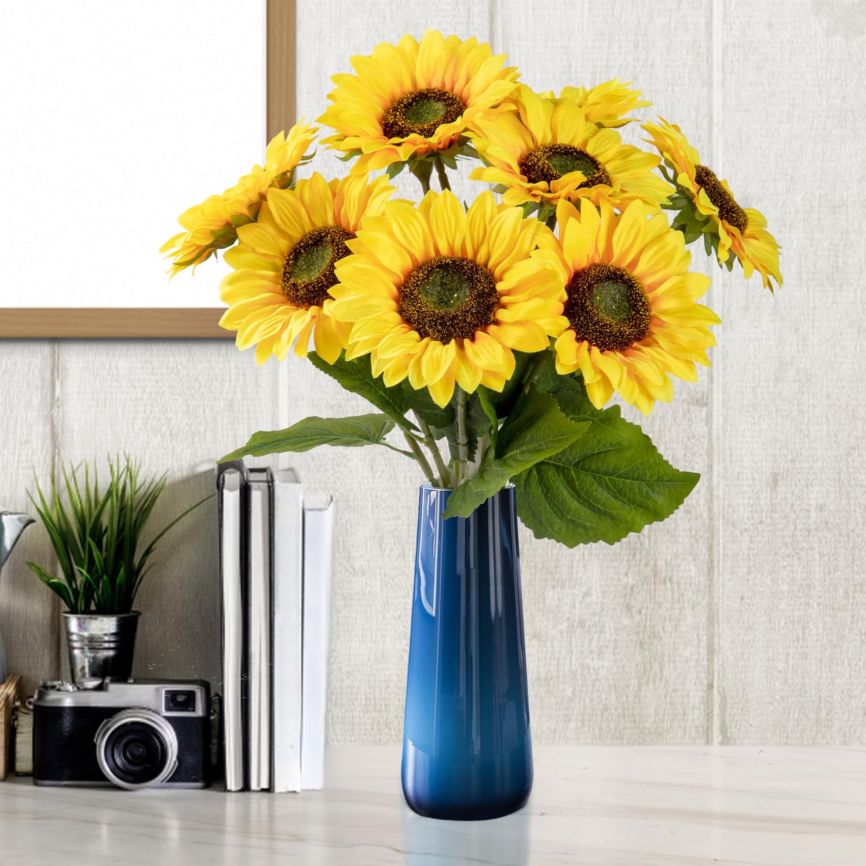 9 Pezzi Girasoli Artificiali, 48 cm Girasoli Finti a Stelo Lungo, Bouquet di Fiori Finti per Decorazioni, Naturali e Veri, Girasole di Seta Fiore Artificiale per Feste, Matrimonio, Ufficio, Casa.