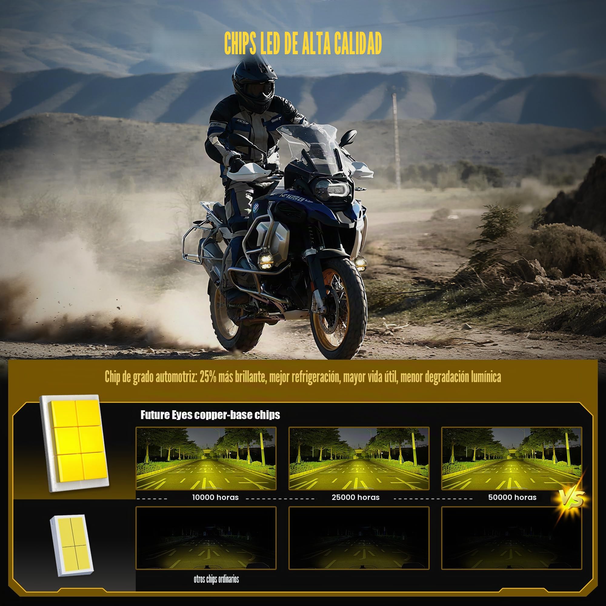 Future Eyes Faros LED Moto Homologados ECE E-Mark E57 – 120W 12000LM Luces Auxiliares, Faros Antiniebla LED, IP67 Impermeable, Luces Exploradoras Moto, 800M Largo Alcance, 360° Ajustable