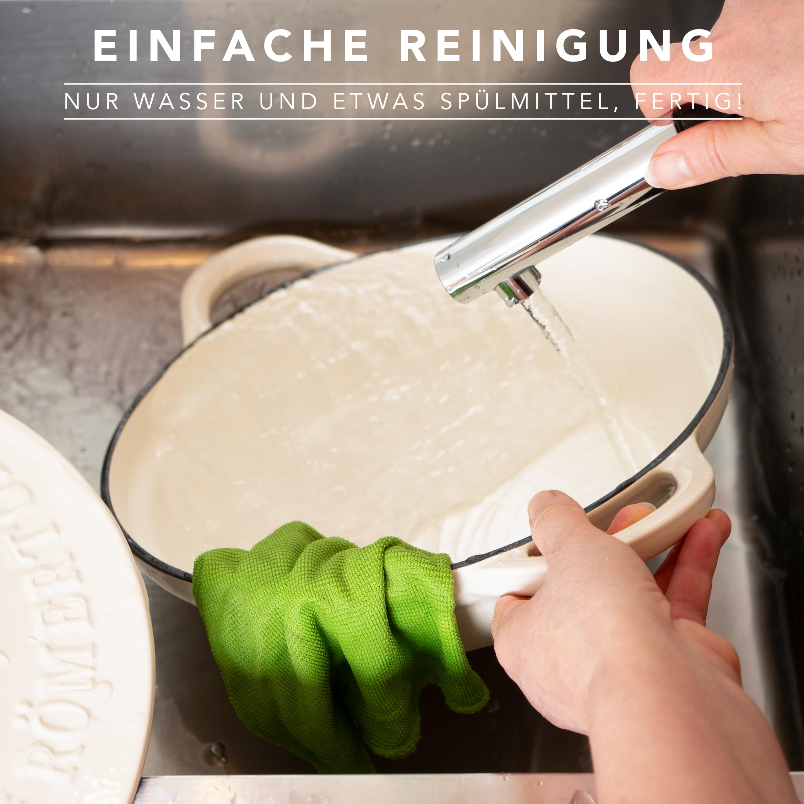 Römertopf Schmorpfanne Gusseisen 28 cm 2,4 L mit Deckel, Creme | Sautépfanne zum Anbraten und Schmoren, alle Herdarten inklusive Induktion, ofenfest 250 °C, PFAS-frei