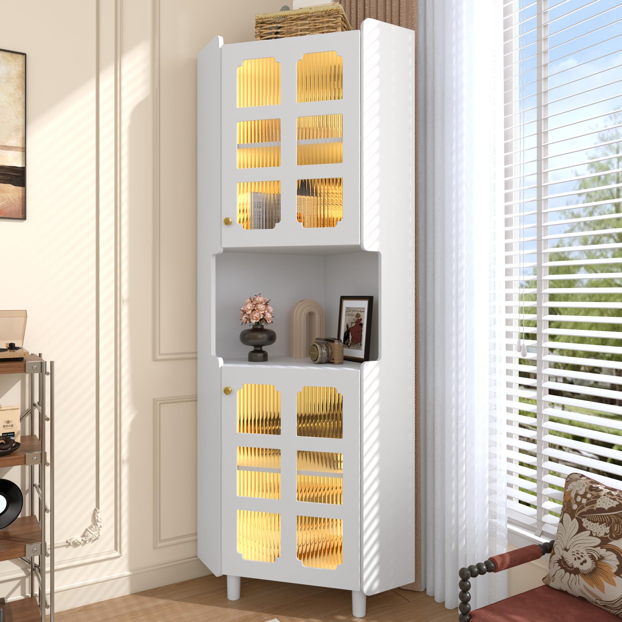 BTM Weißer Eck-Schrank mit Lackschicht & LED-Beleuchtung – Multifunktionale Ecken-Kommode für Wohnzimmer, Bücherregal, Badezimmer, Schlafzimmer, Esszimmer, MDF-Platte weißer Lackoberfläche