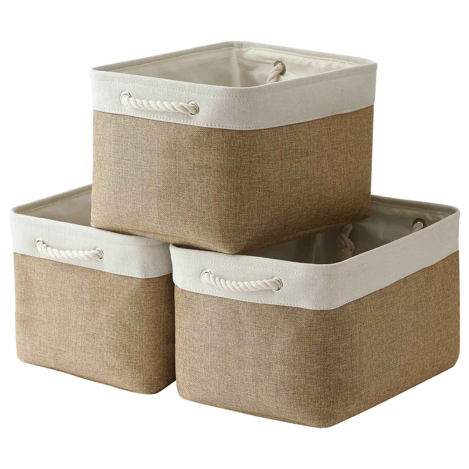 Organization and Storage Basket for Gifts Empty - 16x12x12 inch Cube Storage bin 3 Pack Fabric Storage Cubes, Collapsible Baskets for Organizer Closet Cloth Gift Toy (White & Khaki)