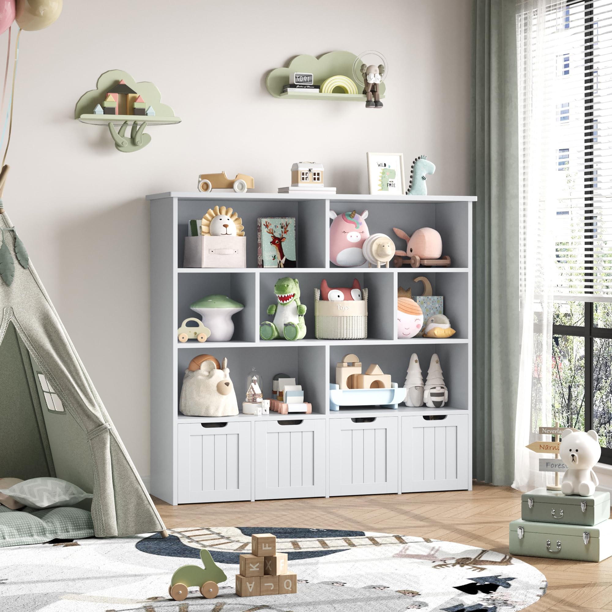 FINETONES Toy Storage Organizer, Large Toy Organizers and Storage with 4 Movable Drawers and 7 Storage Cubbies, Toy Chest Shelf Organizer with Hidden Wheels, Kids Bookshelf and Toy Storage, Grey