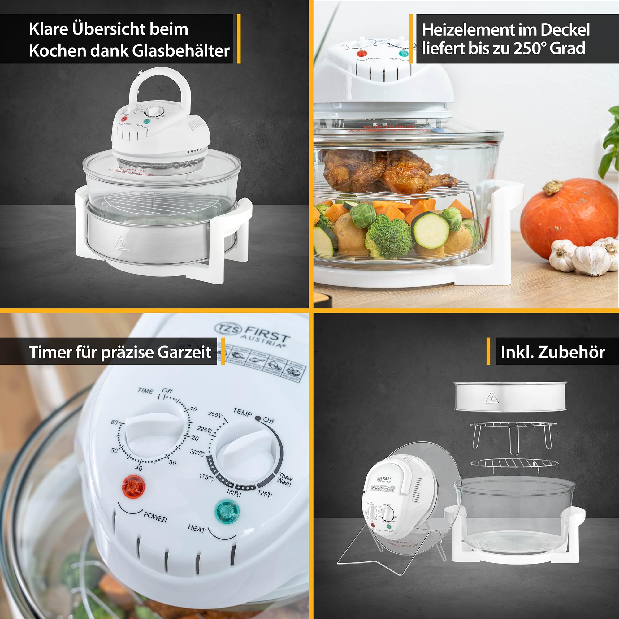 TZS First Austria - Halogenofen 1200-1400W aus Glas & Edelstahl - Minibackofen mit Umluftfunktion & Zubehör, Temperaturbereich: 65-250°C - Halogen Ofen Mini Backofen 12-17L Kapazität & 60 Min. Timer