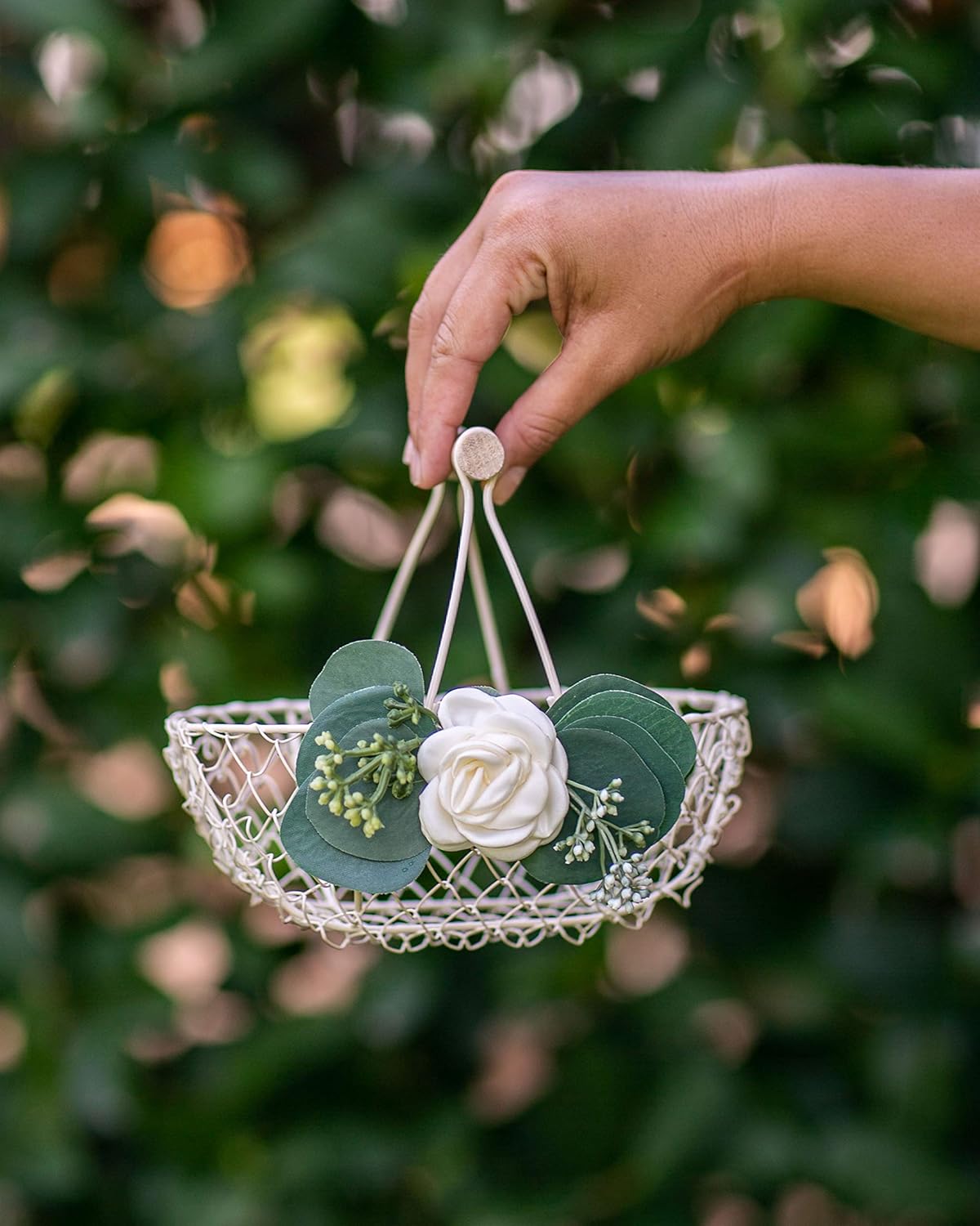 Petite Ivory Flower Girl Basket - Ivory Metal Wedding Basket w/Wood Handle - Flower Girl Petal Basket - Flower Basket by Ragga Wedding