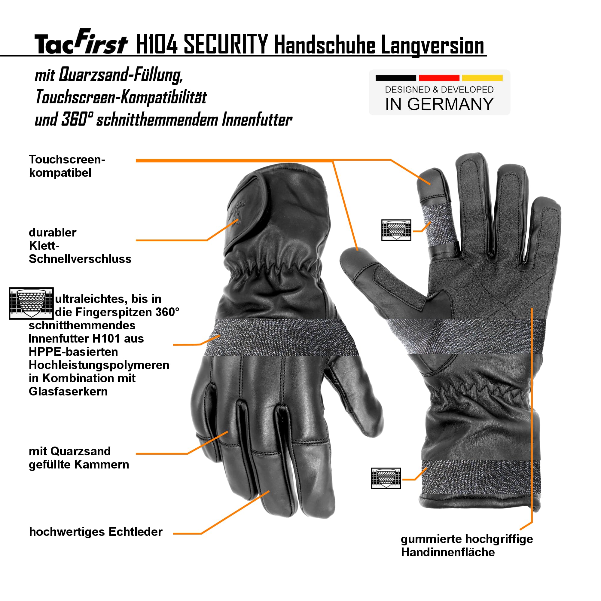 TacFirst Premium Quarzhandschuhe H104, 360° schnitthemmende Langversion