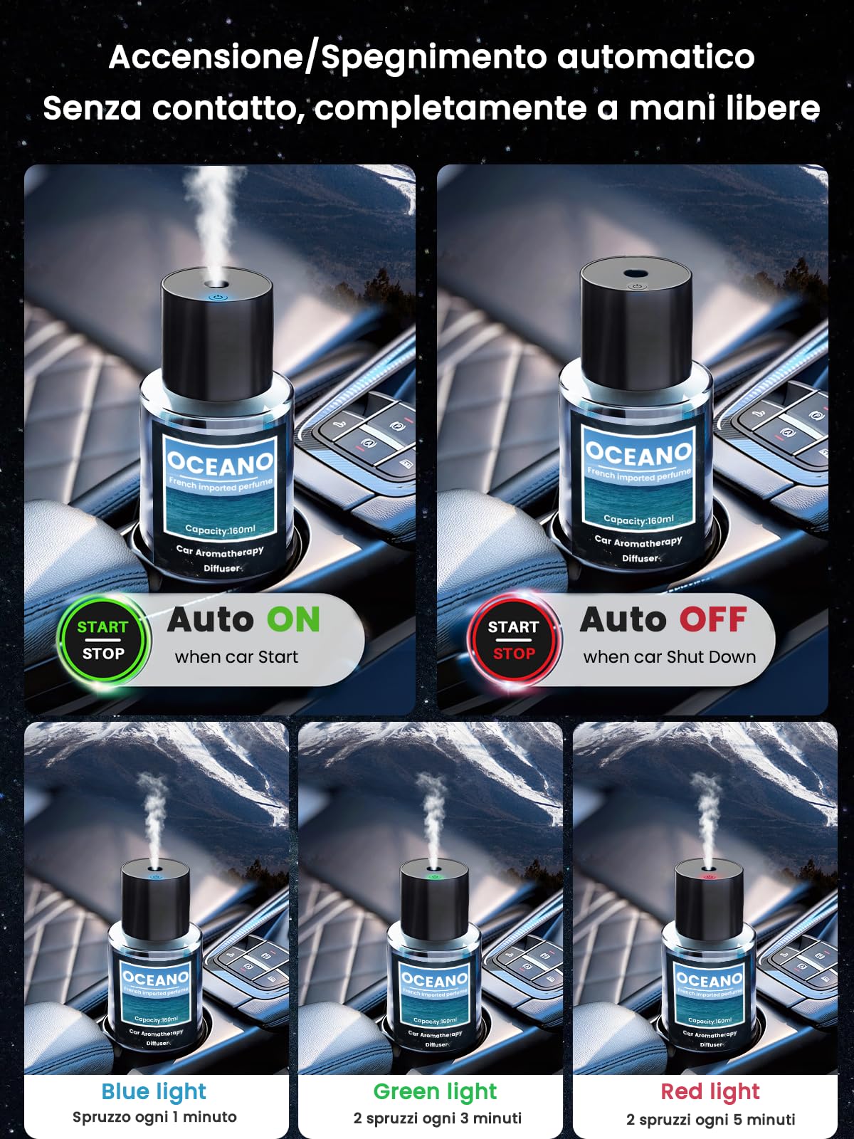 160ml Grande Capacità Profumatore per Auto Diffusore Auto con 160ml Profumo (Oceano), dura da 9 a 12 Mesi, Auto On/Off, Atomizzatore ad Ultrasuoni, Regolabile con 3 Modalità, BJ 003