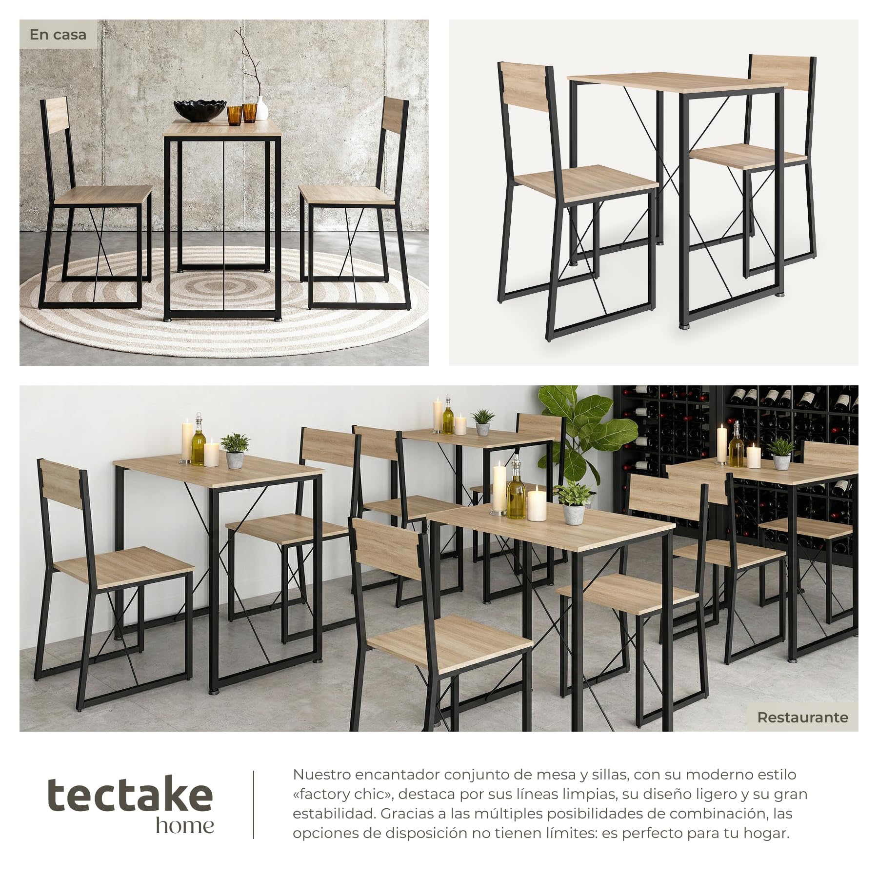 tectake Conjunto de Comedor, Juego de Dos sillas y Mesa para el salón, Conjunto de Asientos para la Cocina, Set de Muebles de Interior (Madera Industrial Clara)