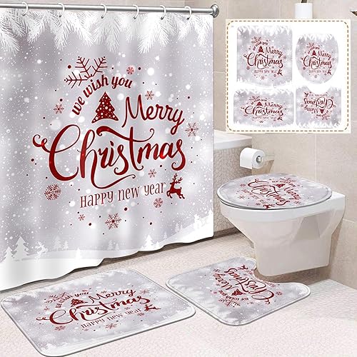Emvency Juego de 4 cortinas de ducha de Navidad, diseño de reno de pino y copos de nieve con alfombras antideslizantes, cubierta gris para tapa de