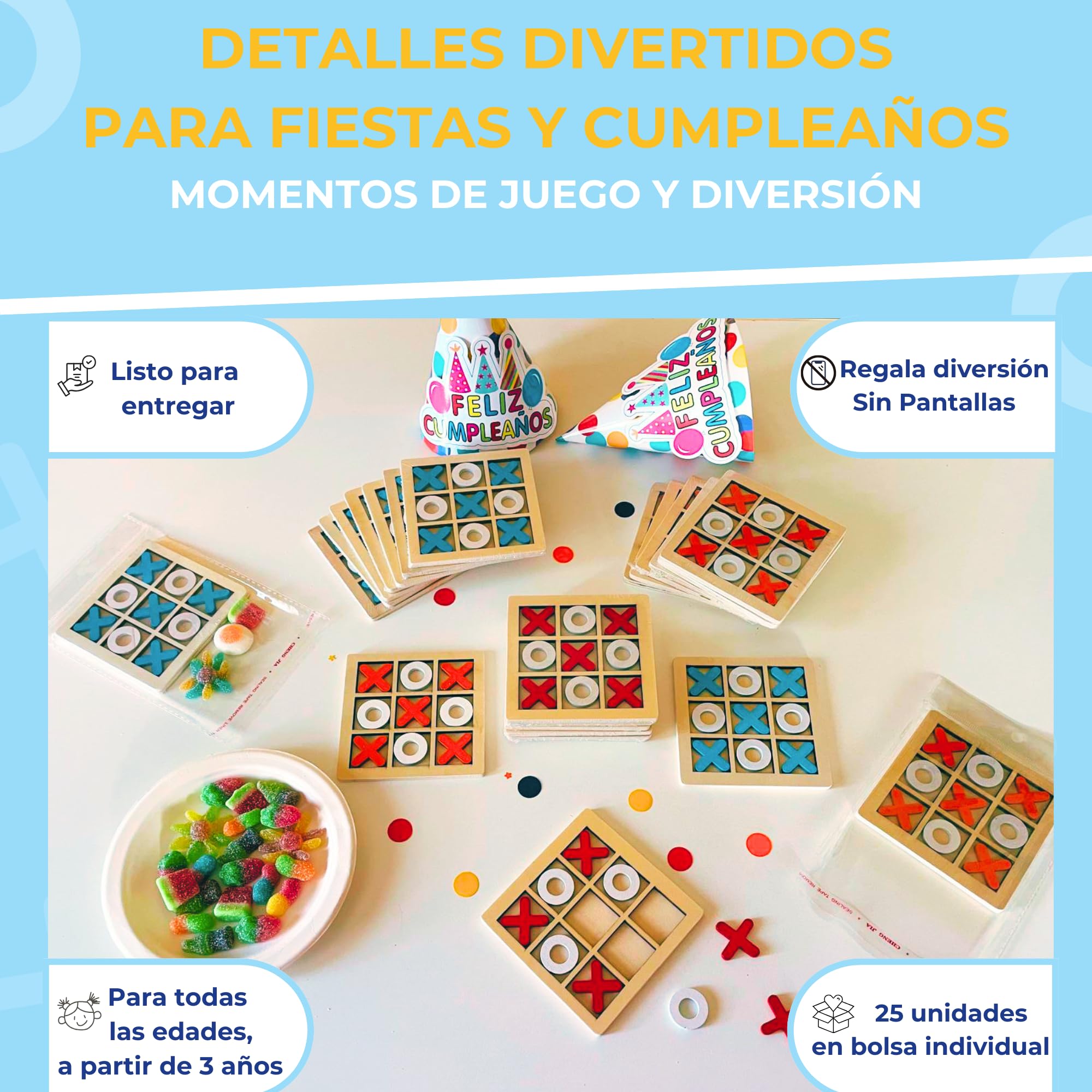 Regalos Cumpleaños Niños Colegio | Detalles Cumpleaños Niños | Regalos Cumpleaños Infantiles | Pack de 25 Juegos 3 en Raya de Madera, Regalitos Invitados Cumpleaños, Relleno Piñata