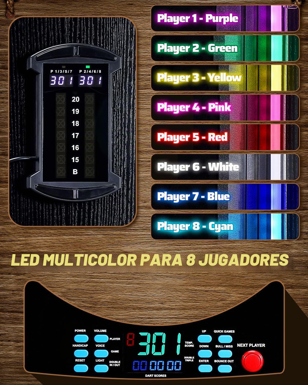 Diana Electronica Profesional, Dardos Diana Electronica [6 Dardos de Bronce] - Color Luminoso Individual para Cada Jugador, Puertas de Gabinete de Madera - Aguila