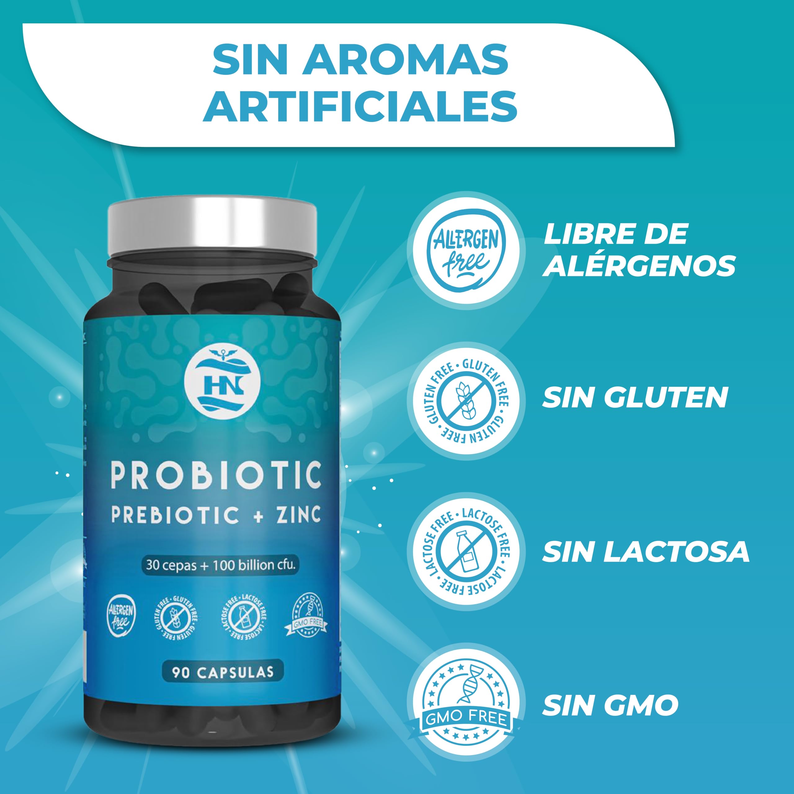 Probioticos y Prebioticos Intestinales 100 mil millones de UFC-30 Cepas Bacterianas Prebioticos y Probioticos con Zinc + Inulina Apoyo Inmunológico Probióticos para Flora Intestinal 90 Cáps (3 Botes)