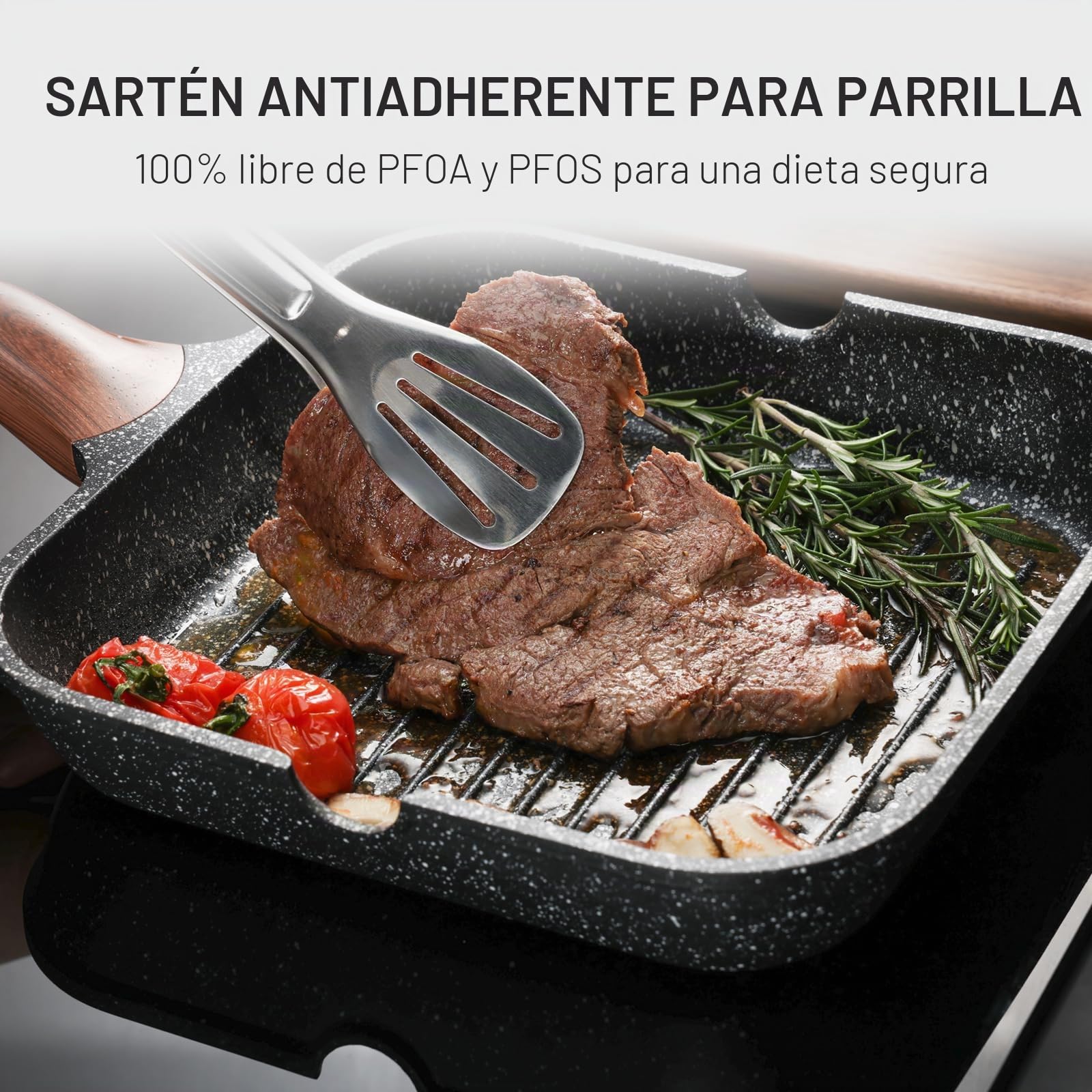 Kordisen Sartén antiadherente con tapa para estufas, sartén cuadrada de 28 cm para cocinar en interiores, sartén con revestimiento de granito con boquillas de vertido, plancha versátil