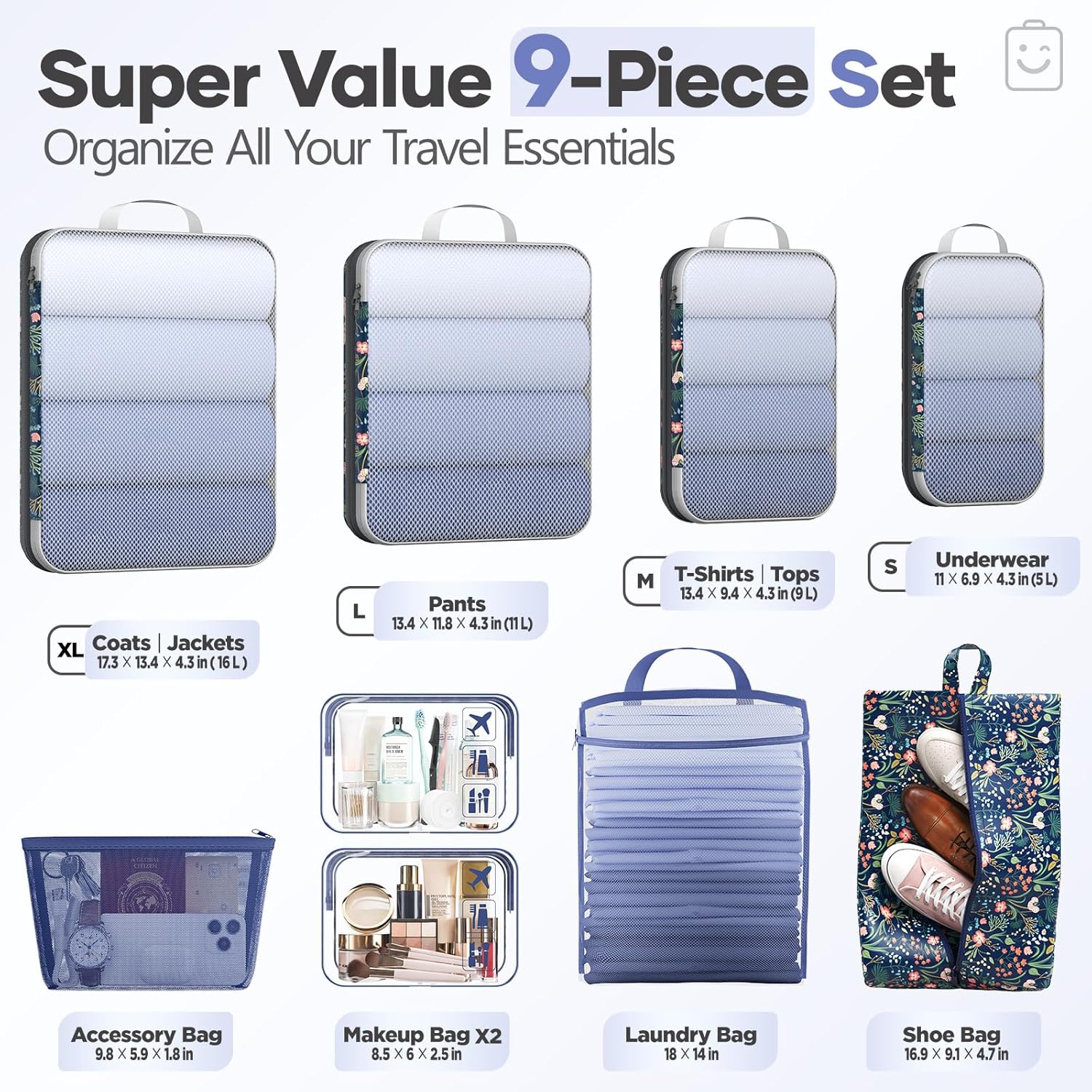Veken 9/11 Set Compression Packing Cubes for Travel Essentials,Compressible Expandable Large Luggage Suitcase Organizer Bags for Clothing,Durable Space Saver Storage Bags(Dark Blue Floral) Dark Blue Floral 9 set