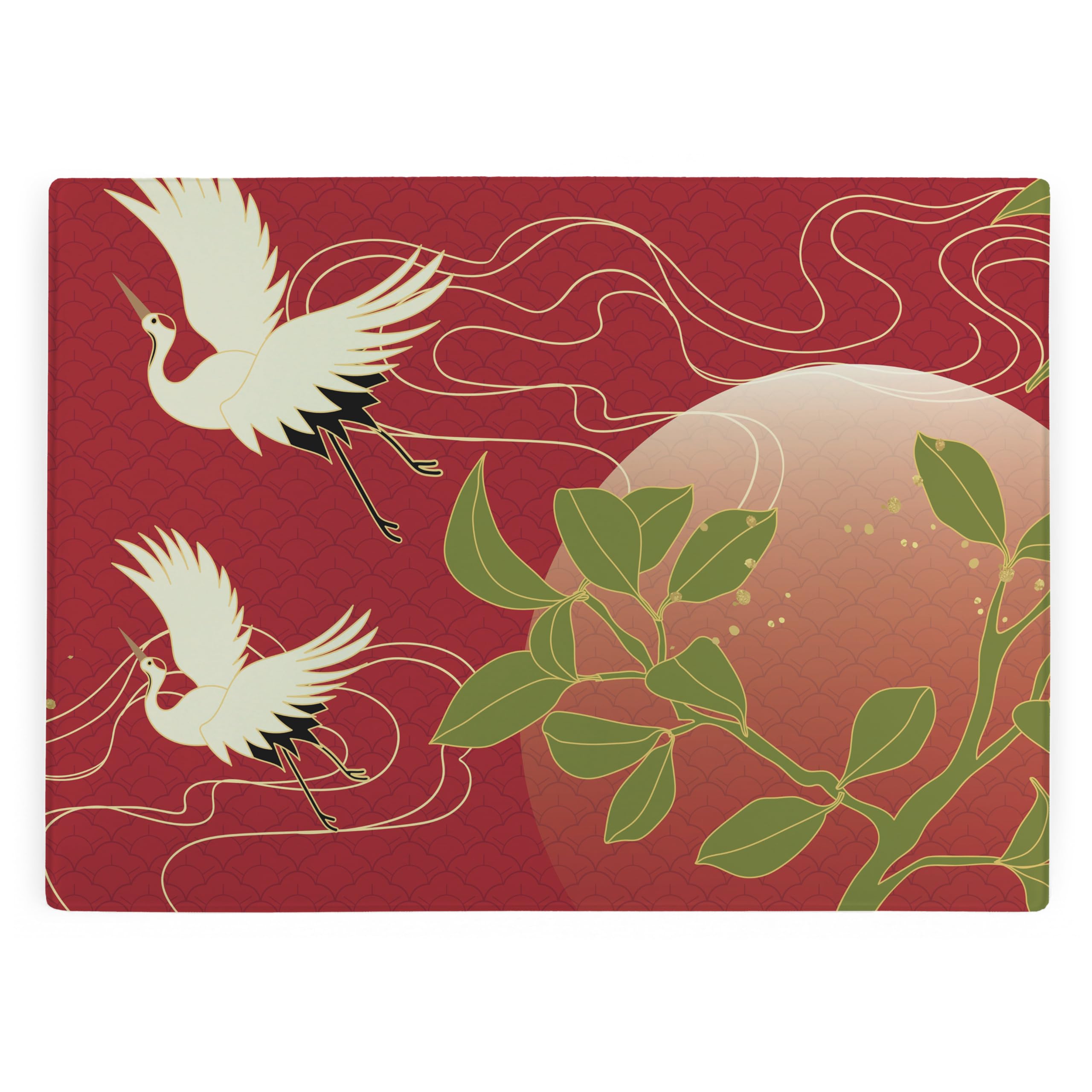 Oriental Cranes Large Rectangular Glass Worktop Protector - Oriental Style Bird Gifts - Smooth Kitchen Chopping/Cutting Board Worktop Saver with Non-Slip Feet 39cm x 28.5cm (15" x 11")